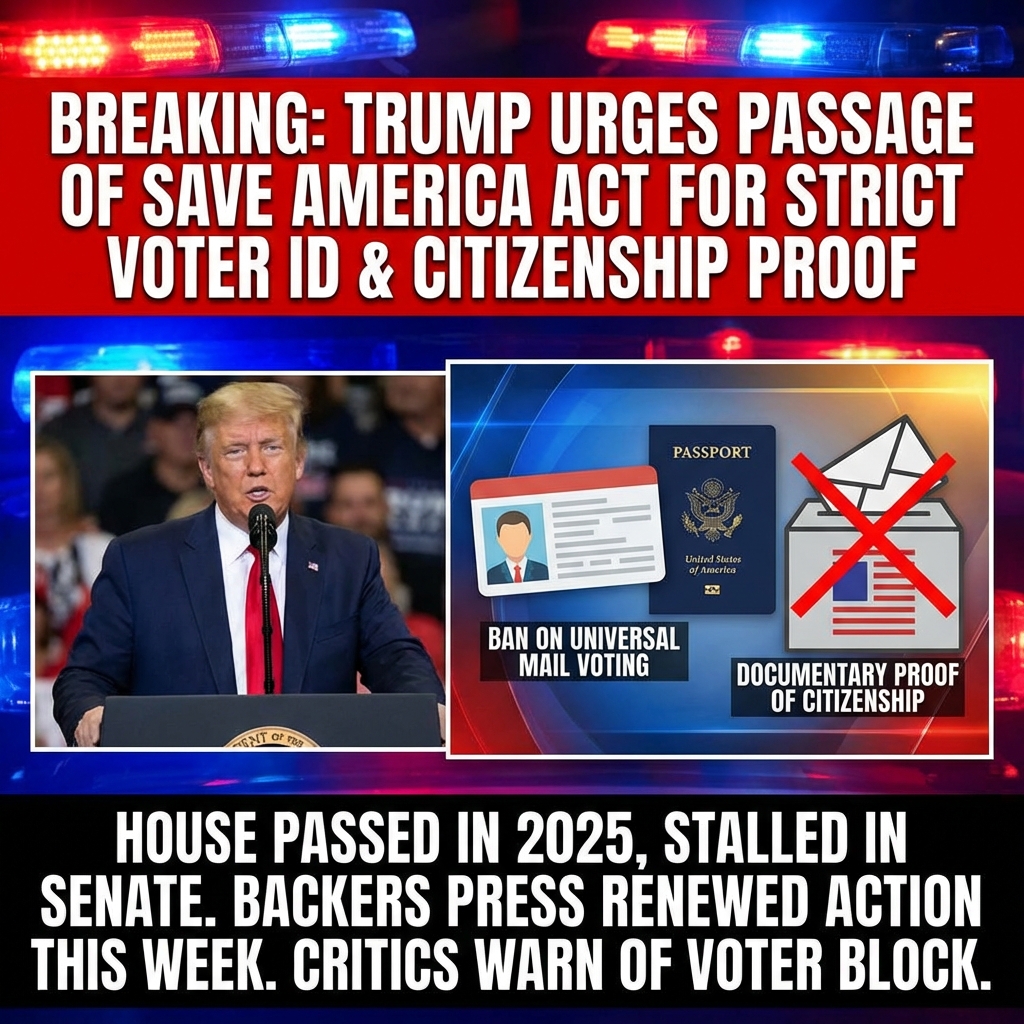 <p>President Trump urged Republicans to pass the SAVE America Act, calling for strict voter safeguards including mandatory photo ID at the ballot, documentary proof of U.S. citizenship to register (and in some versions to vote), and a near‑ban on universal mail voting except for illness, military service, disability or travel. Proponents like Sen. Jim Banks say the bill restores confidence in elections; critics warn it would block millions from registering or voting and federalize election rules. The measure passed the House in 2025 but stalled in the Senate, and its backers are pressing renewed action this week in February 2026. (<a href="https://www.banks.senate.gov/news/press-releases/senator-banks-calls-for-passage-of-save-america-act/?utm_source=openai">banks.senate.gov</a>)</p>