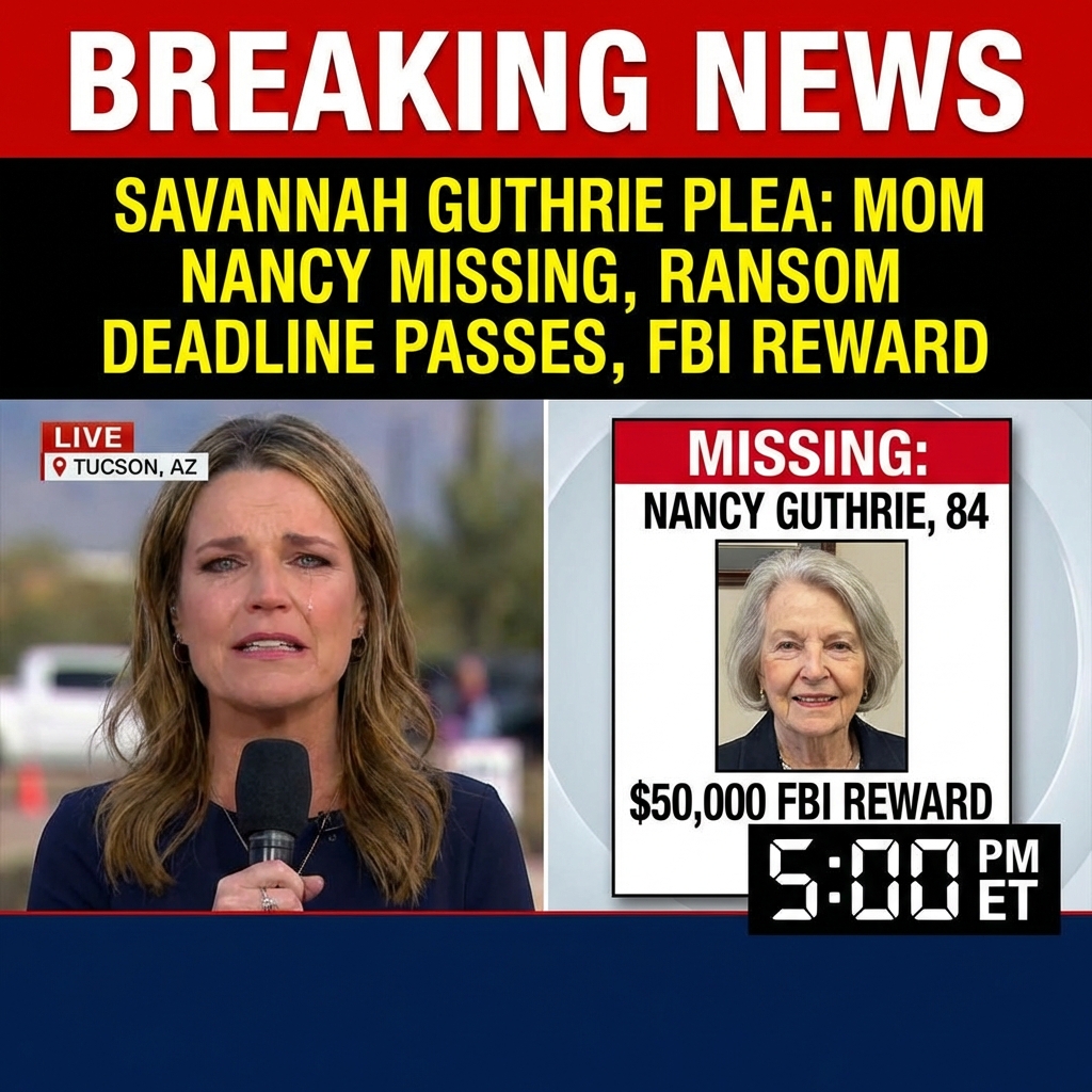 <p>Savannah Guthrie and her siblings released a tearful video plea urging whoever took their 84-year-old mother, Nancy, to make contact after an alleged ransom note’s first deadline passed without communication. (<a href="https://www.washingtonpost.com/national/2026/02/05/savannah-guthrie-nancy-guthrie-mom-missing/151b9466-028f-11f1-ad9f-6f689ec6b060_story.html?utm_source=openai">washingtonpost.com</a>) Nancy was last seen Jan. 31 and reported missing Feb. 1 from her Tucson home; investigators say ransom notes, sent to media outlets, demanded bitcoin and set Feb. 5 and Feb. 9 deadlines. (<a href="https://people.com/fbi-provided-consultation-for-savannah-guthrie-plea-to-mom-alleged-kidnapper-but-final-message-family-decision-11900545">people.com</a>) The family—Savannah, Annie and brother Camron—begged for proof of life, noting Nancy’s fragile health and need for medication. (<a href="https://people.com/fbi-provided-consultation-for-savannah-guthrie-plea-to-mom-alleged-kidnapper-but-final-message-family-decision-11900545">people.com</a>) The FBI is consulting on the case, offering up to $50,000 for information as searches continue and pleas persist. (<a href="https://people.com/fbi-provided-consultation-for-savannah-guthrie-plea-to-mom-alleged-kidnapper-but-final-message-family-decision-11900545">people.com</a>)</p>