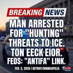 <p>Kyle Wagner, 37, was arrested in a pre-dawn federal raid in Minneapolis on Feb. 5, 2026, and charged by complaint with cyberstalking and transmitting threatening communications after allegedly posting videos and messages urging followers to attack, “hunt,” and “get your f—ing guns” to target ICE agents. Prosecutors say Wagner claimed affiliation with “Antifa,” doxxed a pro‑ICE individual in Michigan and encouraged identifying and confronting immigration officers, calling them “Gestapo” and “murderers.” He was later taken into custody by Homeland Security investigators; the complaint was filed in Detroit and unsealed Feb. 5. He is expected to appear in federal court soon. (<a href="https://apnews.com/article/385b11ccd93a9805aa31d4e058689c44?utm_source=openai">apnews.com</a>)</p>