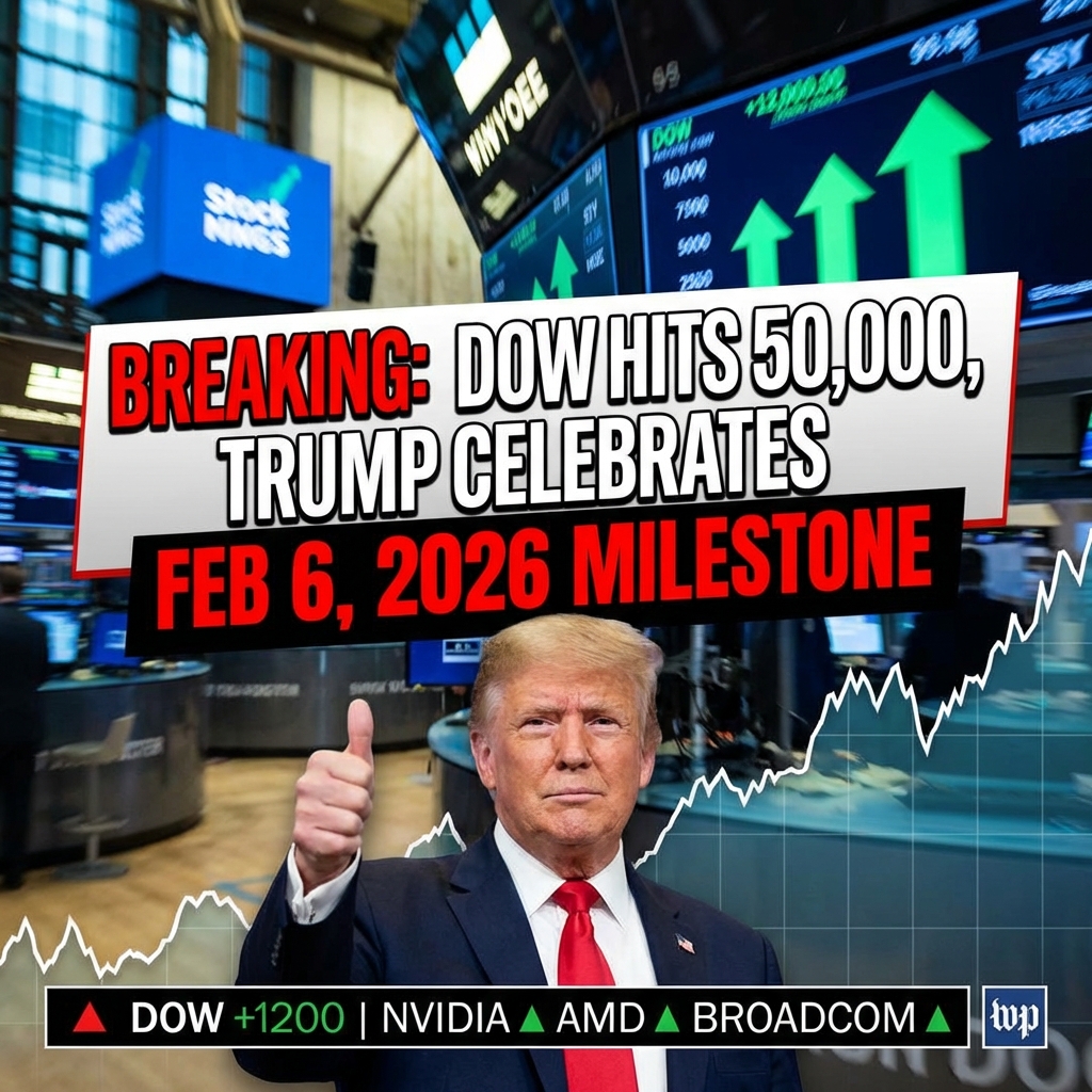 <p>President Trump celebrated the Dow Jones Industrial Average topping 50,000 on Feb. 6, 2026, and publicly challenged experts who had doubted the milestone. Markets surged more than 1,200 points as chip and tech stocks—led by Nvidia, AMD and Broadcom—rallied on hopes of lower interest rates and massive corporate AI spending. The Dow closed above 50,000 for the first time after intraday trading crossed the threshold. Trump posted a congratulatory message on his social platform and framed the advance as vindication of his economic policies, pointing to tariffs and deregulation as drivers of the record close. (<a href="https://www.washingtonpost.com/business/2026/02/06/stock-market-hits-all-time-high-dow-closes-above-50000/?utm_source=openai">washingtonpost.com</a>)</p>