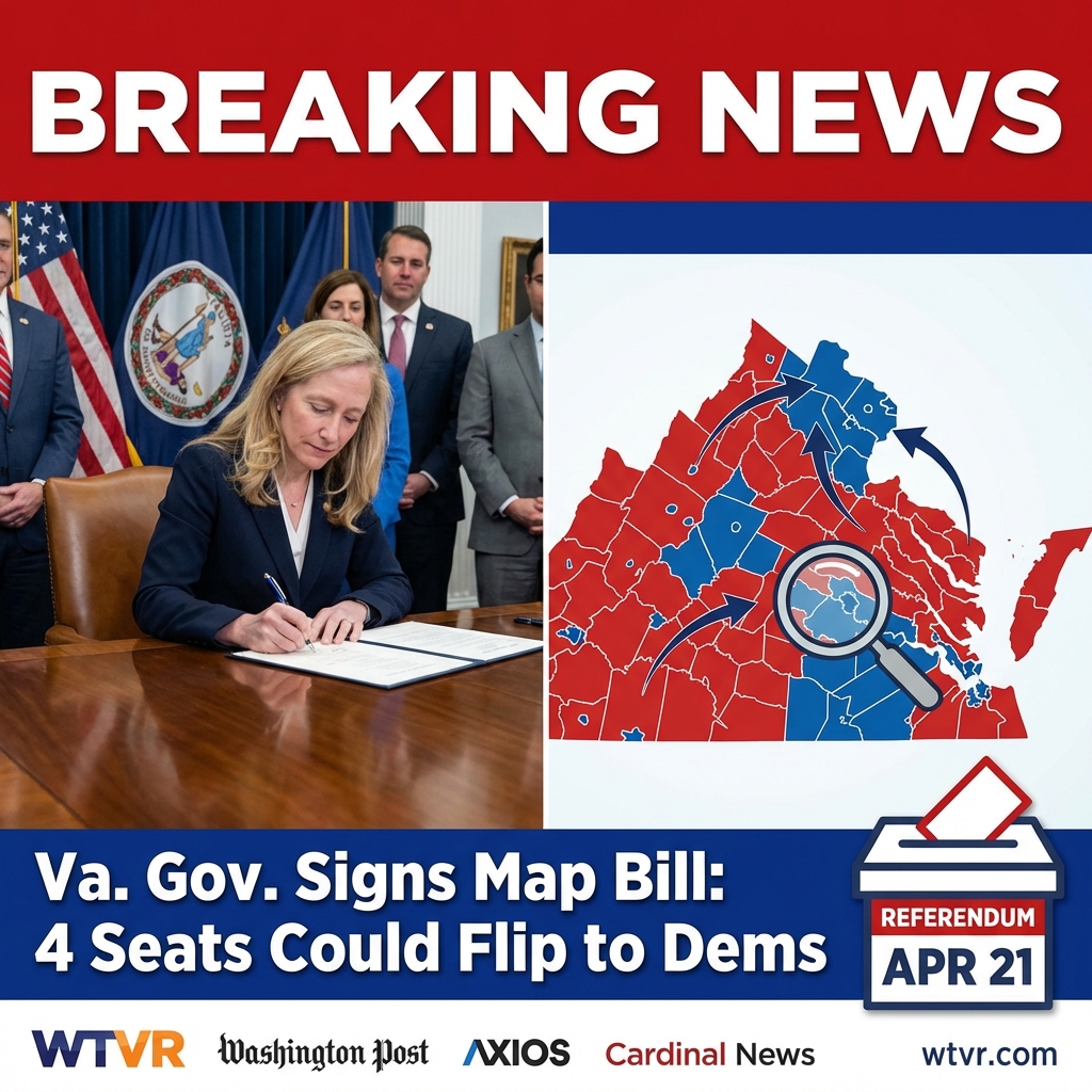 <p>Virginia Governor Abigail Spanberger signed legislation Friday advancing a proposed congressional map that Democrats say would flip four Republican-held U.S. House seats, potentially making the state delegation 10 Democrats and 1 Republican. (<a href="https://www.wtvr.com/news/local-news/spanberger-redistricting-feb-6-2026?utm_source=openai">wtvr.com</a>) The map, included in budget language, redraws districts around Richmond and Northern Virginia and creates two majority-minority districts, according to Democrats. (<a href="https://www.washingtonpost.com/dc-md-va/2026/02/06/virginia-redistricting-maps/?utm_source=openai">washingtonpost.com</a>) Republicans call the plan an extreme, partisan gerrymander and have filed legal challenges. (<a href="https://www.axios.com/local/richmond/2026/02/06/virginia-redistricting-map-richmond-nova-midterms?utm_source=openai">axios.com</a>) Implementation hinges on a voter referendum set for April 21; Spanberger said she would not block the effort but urged election officials be able to implement it in time. (<a href="https://cardinalnews.org/2026/02/06/gov-spanberger-signs-bill-to-enable-redistricting-referendum/?utm_source=openai">cardinalnews.org</a>)</p>
