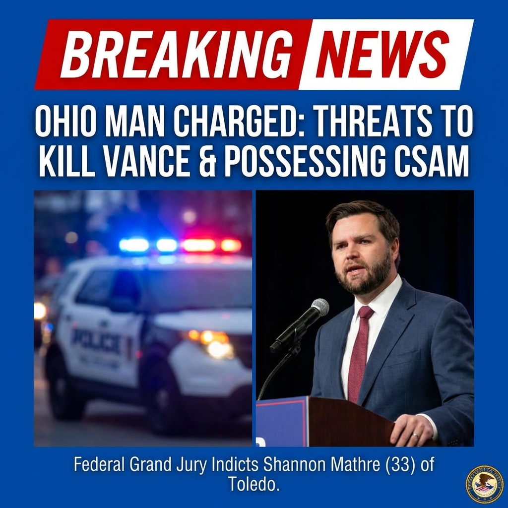 <p>A federal grand jury indicted 33‑year‑old Shannon Mathre of Toledo, Ohio, after U.S. Secret Service agents arrested him on Feb. 6 for allegedly threatening to “find out where he (the vice president) is going to be and use my M14 automatic gun and kill him,” Vice President J.D. Vance. (<a href="https://www.investing.com/news/world-news/ohio-man-charged-over-threat-to-kill-jd-vance-us-justice-department-says-4492247?utm_source=openai">investing.com</a>) Prosecutors say agents discovered multiple digital files of child sexual abuse material while investigating the threat, and charged Mathre with making threats under 18 U.S.C. §871(a) and with receipt, distribution and possession of CSAM dated Dec. 31, 2025–Jan. 21, 2026. He remains in custody now pending a Feb. 11 detention hearing. (<a href="https://www.investing.com/news/world-news/ohio-man-charged-over-threat-to-kill-jd-vance-us-justice-department-says-4492247?utm_source=openai">investing.com</a>)</p>