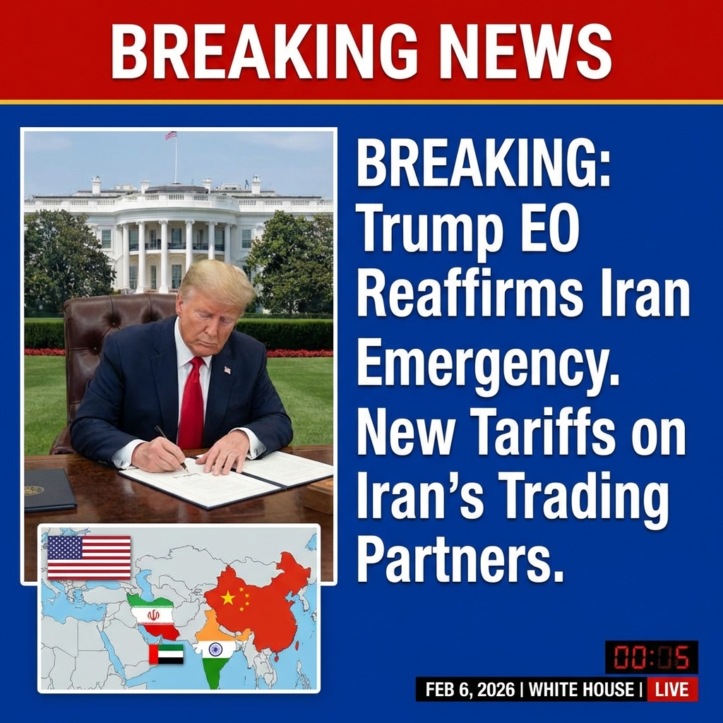 <p>On February 6, 2026, President Donald Trump signed an executive order reaffirming the national emergency with respect to Iran and establishing a mechanism to levy additional tariffs — for example, up to 25% — on goods imported into the United States from any country that directly or indirectly purchases, imports, or otherwise acquires goods or services from Iran. The order authorizes the Secretaries of State and Commerce and the U.S. Trade Representative to issue rules, make findings and implement tariffs; it follows Mr. Trump’s earlier Truth Social threat and could affect major trading partners such as China, the UAE and India worldwide. (<a href="https://www.whitehouse.gov/fact-sheets/2026/02/fact-sheet-president-donald-j-trump-addresses-threats-to-the-united-states-by-the-government-of-iran/?utm_source=openai">whitehouse.gov</a>)</p>