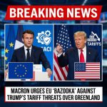 <p>French President Emmanuel Macron urged the EU to activate its anti‑coercion instrument — the bloc’s most potent trade ‘bazooka’ — after U.S. President Donald Trump threatened tariffs over Greenland, saying Europe should not yield to “the law of the strongest.” (<a href="https://www.washingtonpost.com/business/2026/01/21/eu-us-tensions-trade-tariffs-greenland/d8413578-f6bd-11f0-9ceb-4c268b6e1369_story.html?itid=agg_ticker&utm_source=openai">washingtonpost.com</a>) Trump warned 10% tariffs on goods from several European countries starting Feb. 1, rising to 25% in June, and threatened up to 200% duties on French wine and champagne. (<a href="https://efe.com/en/latest-news/2026-01-20/macron-says-eu-may-deploy-anti-coercion-tool-if-us-imposes-new-tariffs/?utm_source=openai">efe.com</a>) Macron, speaking at the WEF in Davos, said the mechanism could be used for the first time against the United States; the ACI has never been deployed and would take months to trigger. (<a href="https://www.washingtonpost.com/business/2026/01/21/eu-us-tensions-trade-tariffs-greenland/d8413578-f6bd-11f0-9ceb-4c268b6e1369_story.html?itid=agg_ticker&utm_source=openai">washingtonpost.com</a>)</p>