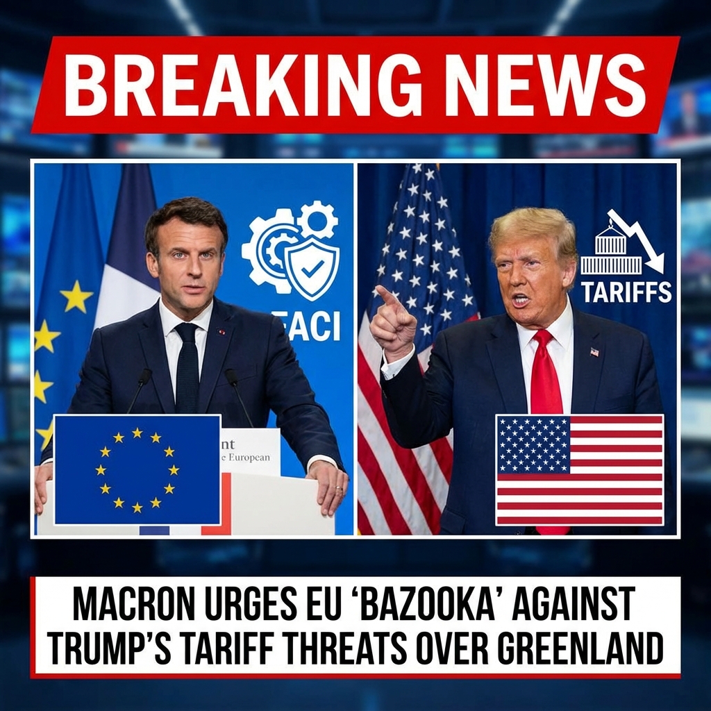 <p>French President Emmanuel Macron urged the EU to activate its anti‑coercion instrument — the bloc’s most potent trade ‘bazooka’ — after U.S. President Donald Trump threatened tariffs over Greenland, saying Europe should not yield to “the law of the strongest.” (<a href="https://www.washingtonpost.com/business/2026/01/21/eu-us-tensions-trade-tariffs-greenland/d8413578-f6bd-11f0-9ceb-4c268b6e1369_story.html?itid=agg_ticker&utm_source=openai">washingtonpost.com</a>) Trump warned 10% tariffs on goods from several European countries starting Feb. 1, rising to 25% in June, and threatened up to 200% duties on French wine and champagne. (<a href="https://efe.com/en/latest-news/2026-01-20/macron-says-eu-may-deploy-anti-coercion-tool-if-us-imposes-new-tariffs/?utm_source=openai">efe.com</a>) Macron, speaking at the WEF in Davos, said the mechanism could be used for the first time against the United States; the ACI has never been deployed and would take months to trigger. (<a href="https://www.washingtonpost.com/business/2026/01/21/eu-us-tensions-trade-tariffs-greenland/d8413578-f6bd-11f0-9ceb-4c268b6e1369_story.html?itid=agg_ticker&utm_source=openai">washingtonpost.com</a>)</p>