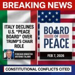 <p>Italy has declined to join U.S. President Donald Trump’s “Board of Peace,” Foreign Minister Antonio Tajani said, citing “insurmountable” constitutional limits because the board’s charter vests final authority in a single chair — Trump — which conflicts with Italy’s constitution requiring equality among states. Tajani told ANSA Italy remains willing to discuss peace efforts but cannot sign onto an organisation that concentrates power in one leader. The decision, announced February 7, 2026, follows similar refusals or hesitations by other Western democracies and reflects worries that the Board’s structure and funding model could undermine the United Nations’ role in post-conflict reconstruction. (<a href="https://www.aljazeera.com/news/2026/2/7/italy-latest-country-not-joining-board-of-peace?utm_source=openai">aljazeera.com</a>)</p>