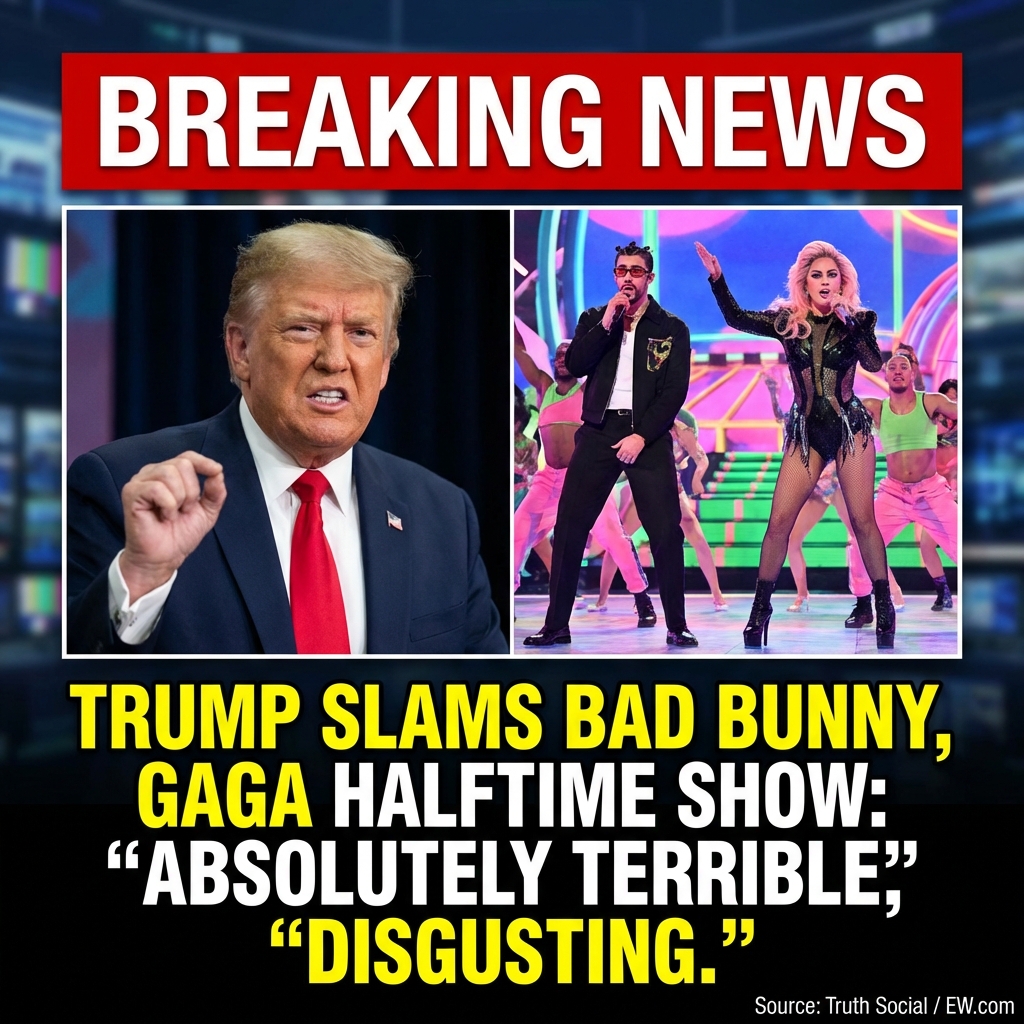 <p>President Donald Trump slammed the Super Bowl LX halftime show headlined by Bad Bunny and featuring artists including Lady Gaga, calling it “absolutely terrible” and “one of the worst ever.” Posting on Truth Social after the broadcast, he wrote that the performance “makes no sense,” is “an affront to the Greatness of America,” and “doesn’t represent our standards of Success, Creativity, or Excellence.” He complained “nobody understands a word this guy is saying,” called the dancing “disgusting, especially for young children,” and denounced media praise; the halftime set emphasized Latin and Puerto Rican themes and closed with a unity message. (<a href="https://ew.com/donald-trump-bad-bunny-super-bowl-half-time-show-reaction-11900922?utm_source=openai">ew.com</a>)</p>