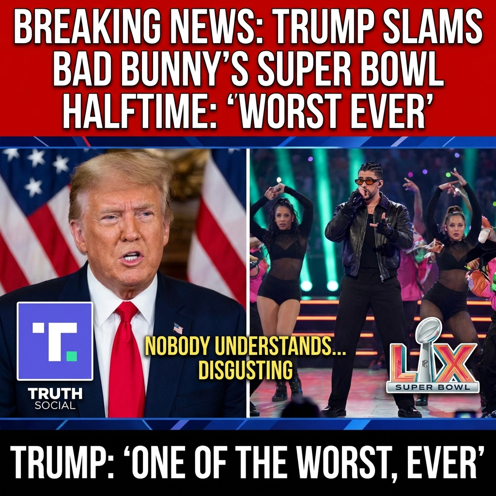 <p>President Donald Trump posted on Truth Social that Bad Bunny’s Super Bowl LX halftime show was “absolutely terrible” and “one of the worst, EVER,” adding, “Nobody understands a word this guy is saying, and the dancing is disgusting, especially for young children.” (<a href="https://www.nbcbayarea.com/super-bowl/donald-trump-calls-bad-bunny-halftime-show-worst-ever/4030507/?utm_source=openai">nbcbayarea.com</a>) He also criticized the NFL’s new kickoff rule and praised the economy. (<a href="https://www.thewrap.com/media-platforms/politics/trump-bad-bunny-halftime-show-spanish-super-bowl-reaction/?utm_source=openai">thewrap.com</a>) Bad Bunny’s largely Spanish, Puerto Rican set included a staged wedding, (<a href="https://www.theguardian.com/p/x4bdkh?utm_source=openai">theguardian.com</a>) cameos from Lady Gaga and Ricky Martin, (<a href="https://people.com/super-bowl-2026-trump-lashes-out-bad-bunny-halftime-show-11902396?utm_source=openai">people.com</a>) and closed with a football reading “Together We Are America” and the line “The Only Thing More Powerful Than Hate Is Love.” Remarks drew media and political reaction. (<a href="https://www.euronews.com/culture/2026/02/09/donald-trump-slams-bad-bunnys-super-bowl-halftime-show-an-affront-to-the-greatness-of-amer?utm_source=openai">euronews.com</a>)</p>