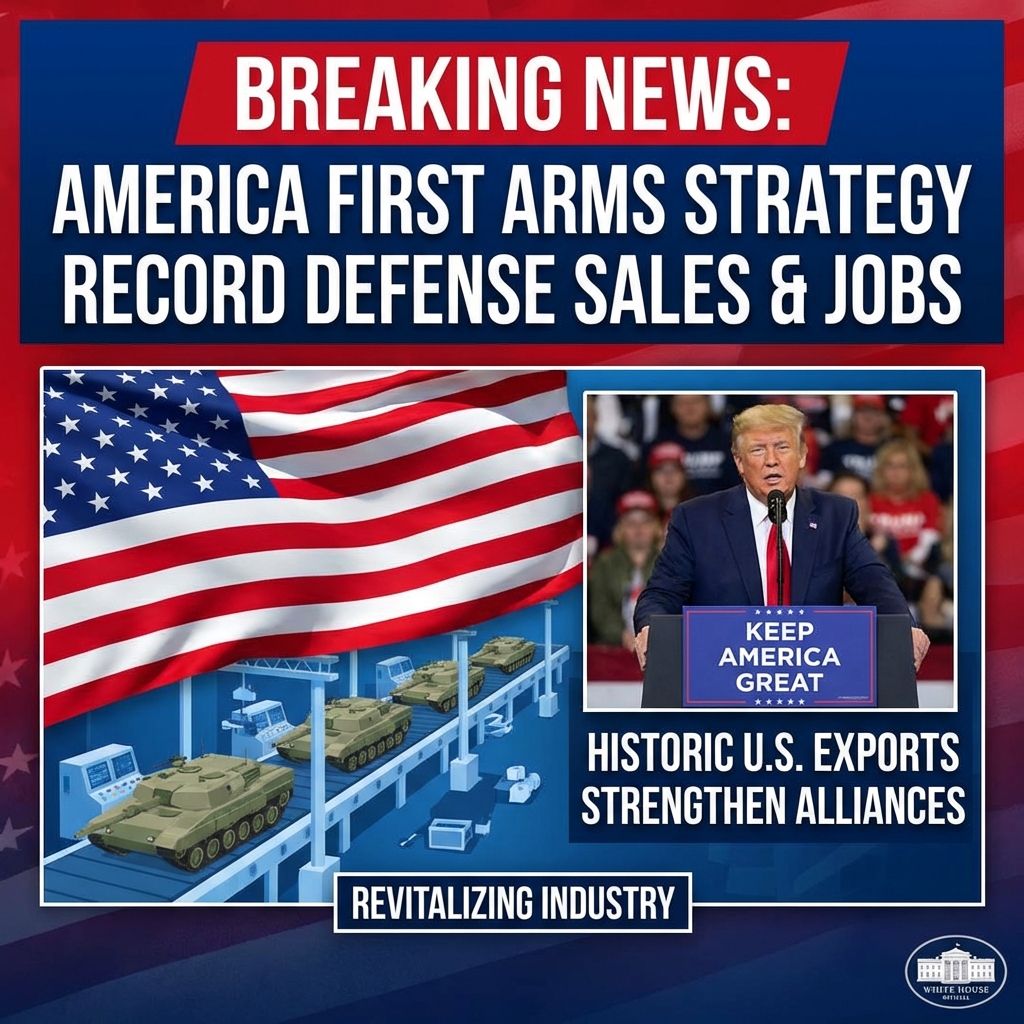 President Trump’s administration announced that the “America First Arms Transfer Strategy” is driving record U.S. defense sales and revitalizing the domestic industrial base, according to a social media post accompanied by an image link. The message says allied nations increasingly seek “the world’s most lethal weapons—American weapons,” casting arms transfers as both an economic boost for U.S. manufacturing and a demonstration of American leadership in global arms markets. The post emphasizes historic sales figures and frames the policy as “groundbreaking,” portraying defense exports as strengthening alliances while sustaining jobs in the American defense industrial sector and expanding U.S. strategic influence.