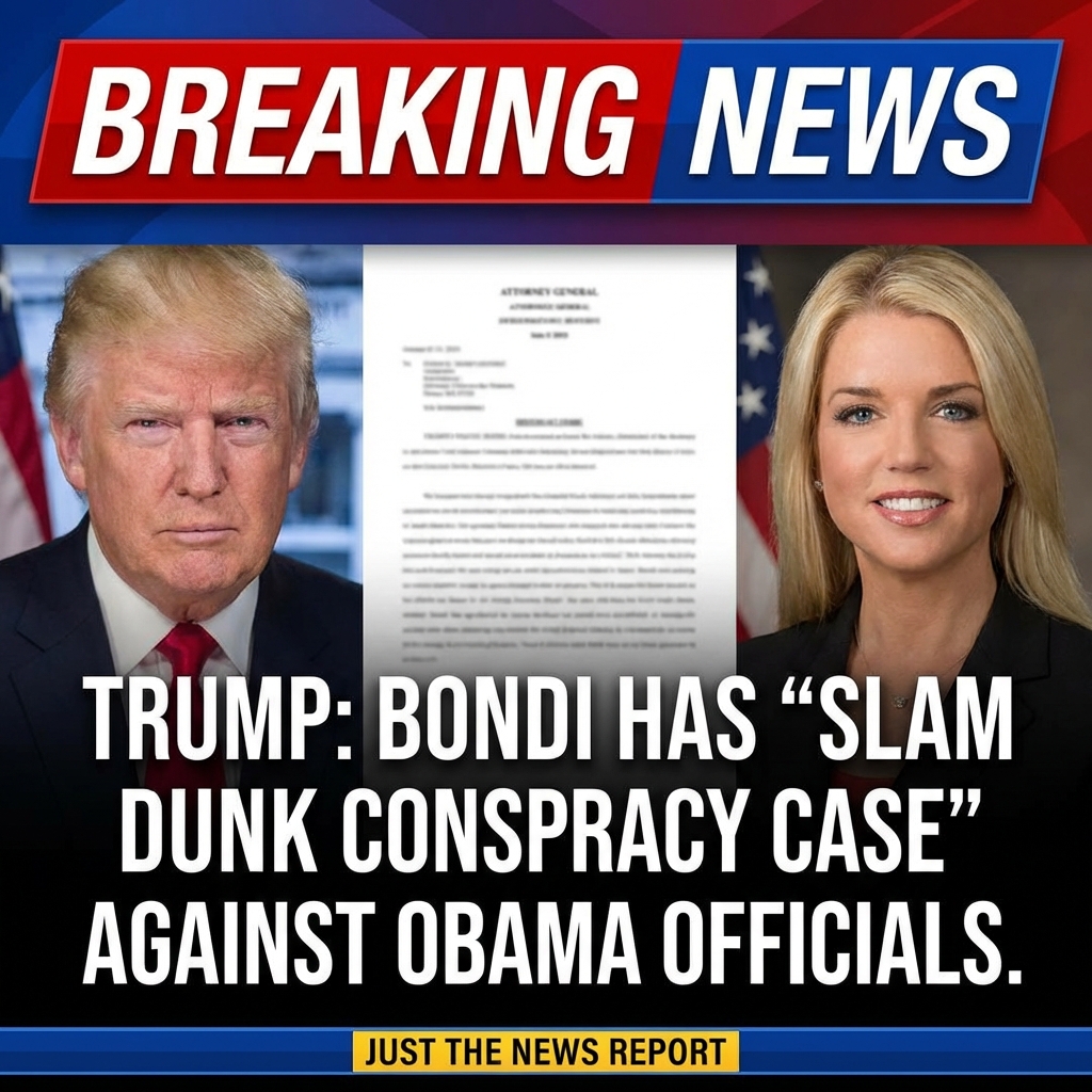 <p>President Trump posted that Attorney General Pam Bondi has a “slam dunk conspiracy case” accusing former Obama administration officials of election meddling, echoing a retired FBI agent’s comments that the evidence could support sweeping charges. The agent, Jonathan Gilliam, told Just the News that documents Bondi and FBI director Kash Patel turned over to Congress show agents were blocked from probing Democrats and that alleged evidence could predicate conspiracy counts. Bondi has instructed prosecutors to investigate alleged “weaponization” of government; allies call for major indictments while critics warn such prosecutions would be unprecedented and politically fraught. Prosecutions, if brought, would face fierce legal challenges. (<a href="https://justthenews.com/accountability/political-ethics/slam-dunk-ex-fbi-agent-says-bondi-has-clear-weaponization?utm_source=openai">justthenews.com</a>)</p>
<p>Note: I could not independently locate an archived copy of the specific X post at pic.x.com/JbUexyZuGoo; the “slam dunk” phrasing appears in the Just the News report cited above.</p>