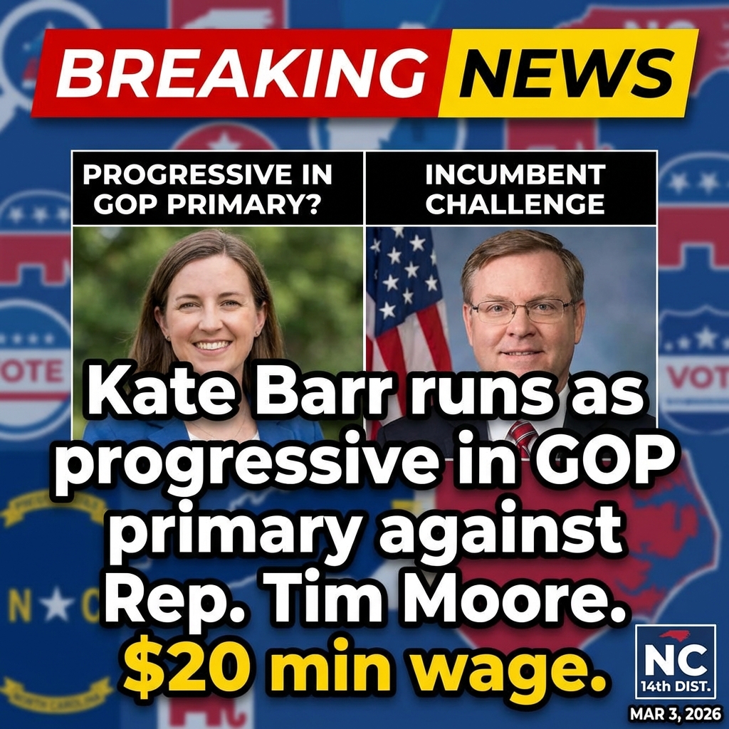 <p>Kate Barr, a lifelong North Carolina Democrat who recently changed her registration to run in the Republican primary for the 14th Congressional District, has acknowledged on camera that she is not a traditional GOP member and is running as a progressive within the Republican primary to challenge incumbent Rep. Tim Moore. Barr says the switch responds to gerrymandering and closed primaries that make general elections uncompetitive; her platform highlights fair maps, a $20 minimum wage, and tax relief for the first $100,000 of income. Republican officials call her bid a stunt; the upcoming primary is March 3, 2026. (<a href="https://www.theassemblync.com/news/politics/elections/kate-barr-tim-moore-republican-gerrymandering/">theassemblync.com</a>)</p>