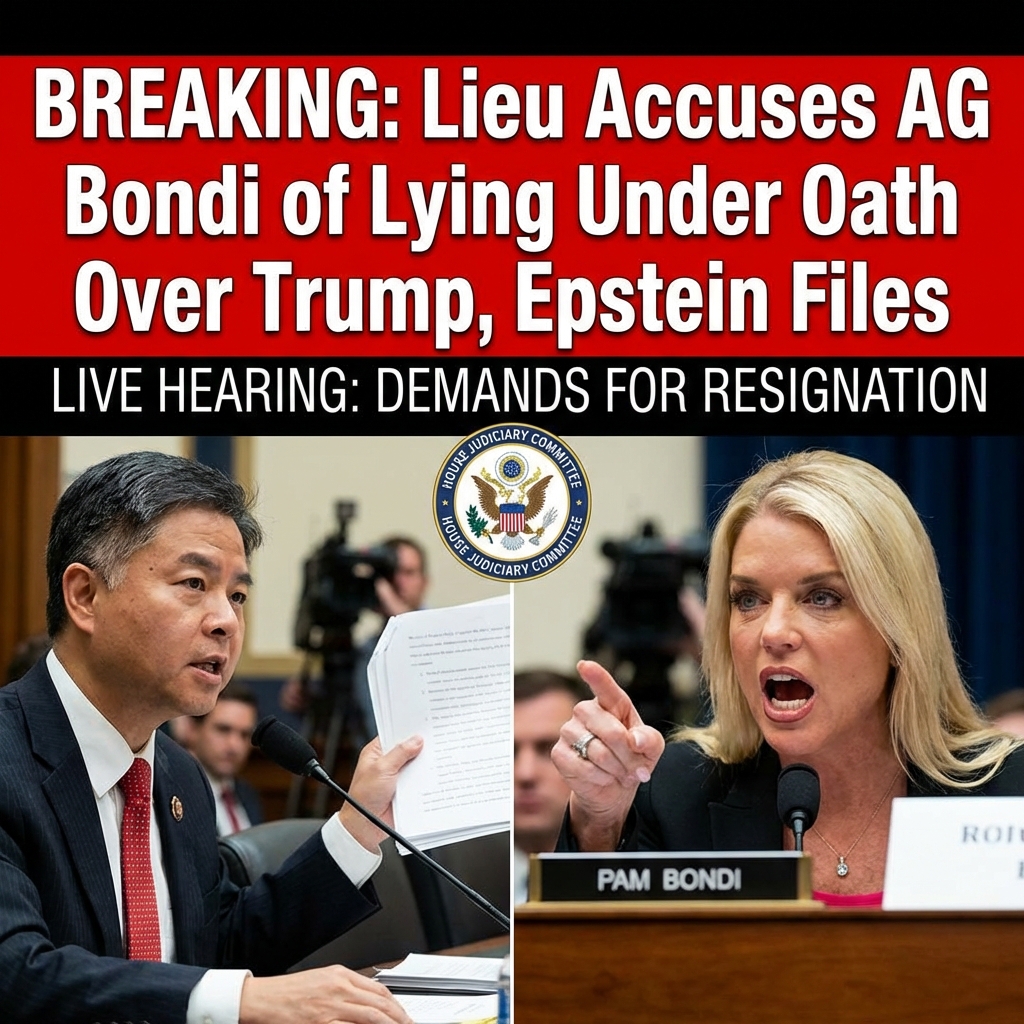 <p>During a House Judiciary Committee hearing about DOJ handling of Jeffrey Epstein files, Rep. Ted Lieu accused Attorney General Pam Bondi of lying under oath after she said there was “no evidence” Donald Trump committed a crime. Lieu presented a witness statement and other documents he said show Trump’s name in the files, including an FBI tip from a limo driver, and demanded DOJ interview the witness. Bondi denied the charge, shouting “Don’t you ever accuse me of a crime.” Lieu then called for her resignation live on air, prompting a heated, widely covered confrontation and drew immediate national scrutiny. (<a href="https://www.theguardian.com/us-news/2026/feb/11/pam-bondi-democrats-epstein-hearing?utm_source=openai">theguardian.com</a>)</p>