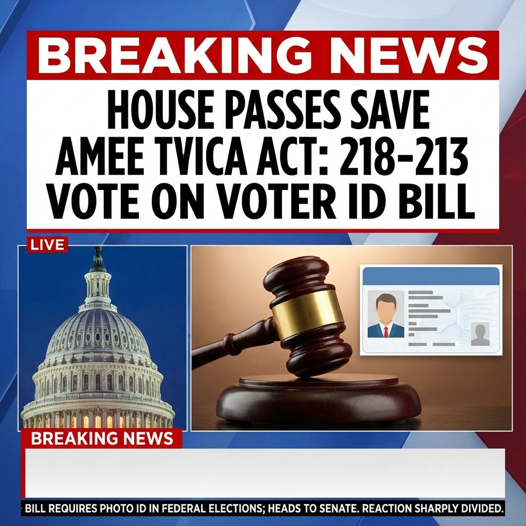 BREAKING: The House passed the SAVE America Act by a 218–213 vote. The bill would require voters to present photo identification in federal elections as early as this coming November. All Republicans present voted for the measure; one Democrat, Representative Henry Cuellar, also voted in favor. Supporters say the requirement will strengthen election security; opponents argue it amounts to voter suppression and could disproportionately impact minority, elderly, low-income, and student voters. The legislation now heads to the Senate, where its prospects are uncertain. Congressional leaders indicated an expedited timeline for consideration amid fierce partisan debate. Public reaction was sharply divided.