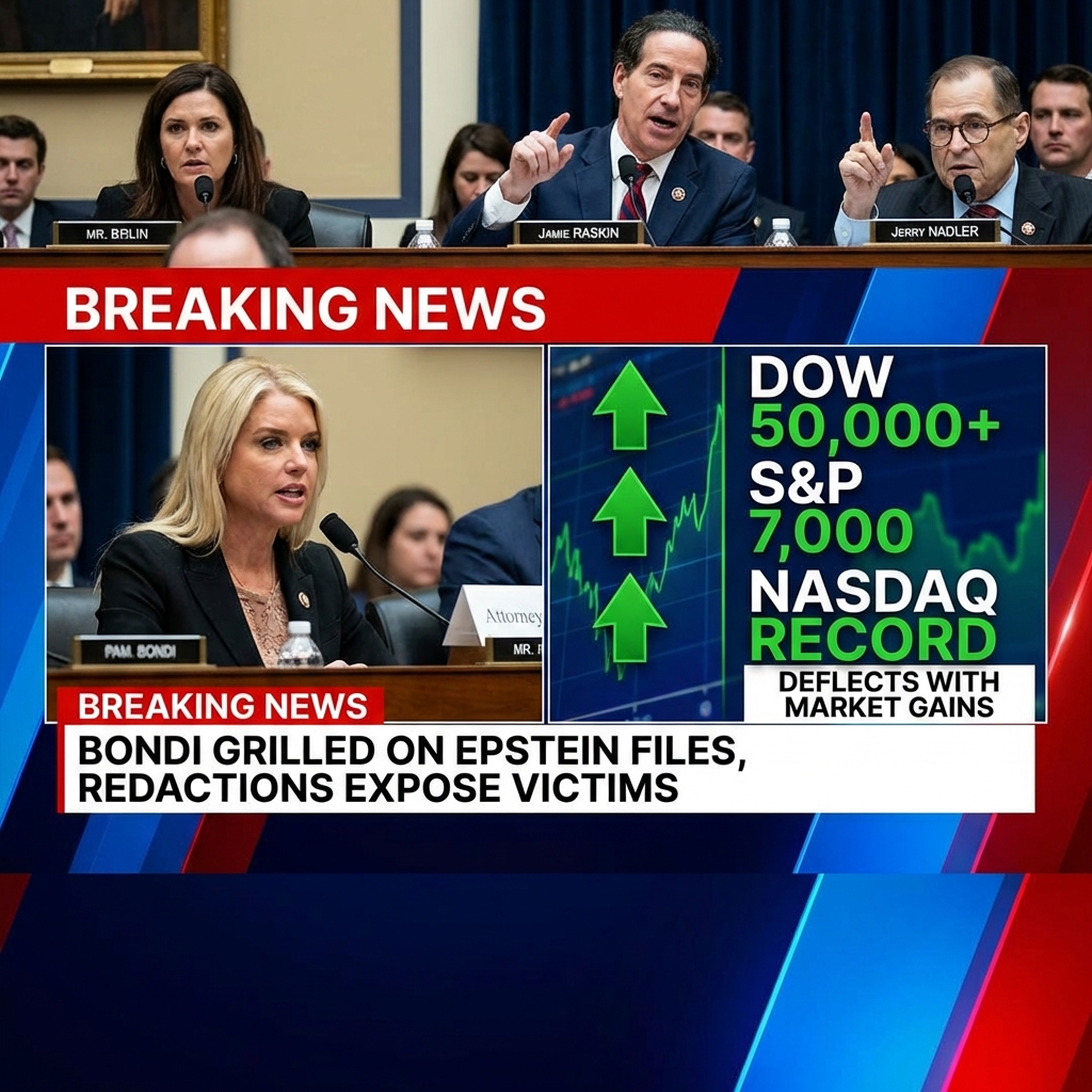 <p>At a February 11, 2026 House Judiciary Committee hearing, Attorney General Pam Bondi was grilled over the Justice Department’s handling of the Jeffrey Epstein files, including problematic redactions that exposed victims while obscuring possible co‑conspirators. Lawmakers — Democrats and some Republicans — pressed whether any co‑conspirators have been investigated or charged; Bondi repeatedly dodged, refused a direct apology to survivors and deflected by touting stock‑market gains (“Dow over 50,000,” S&P near 7,000, Nasdaq records). Critics accused the DOJ of a cover‑up; Bondi said the department will review and correct redactions while sparring with members such as Raskin and Nadler on Wednesday. (<a href="https://www.theguardian.com/us-news/2026/feb/11/pam-bondi-democrats-epstein-hearing?utm_source=openai">theguardian.com</a>)</p>