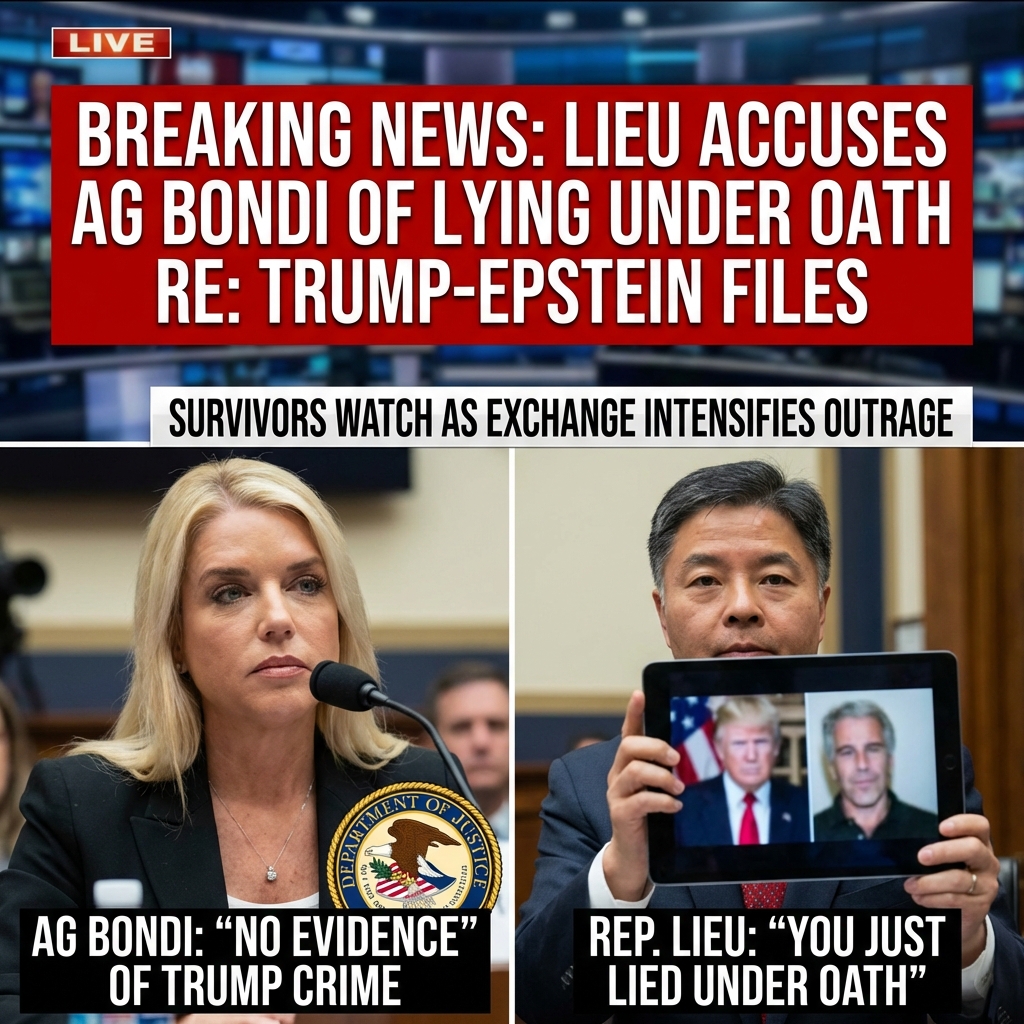<p>At a House Judiciary Committee hearing on February 11, 2026, Attorney General Pam Bondi defended the Justice Department’s handling of the Jeffrey Epstein files and said, “there is no evidence that Donald Trump has committed a crime.” Representative Ted Lieu played a Trump–Epstein video and cited a redacted FBI witness statement alleging an assault and uninvestigated leads. Lieu told Bondi, “I believe you just lied under oath,” played evidence he said contradicted her testimony, and called for her resignation. Bondi denied the accusation, sparred with lawmakers while survivors watched, and the exchange intensified outrage over redactions and alleged DOJ failures. (<a href="https://www.theguardian.com/us-news/2026/feb/11/pam-bondi-democrats-epstein-hearing?utm_source=openai">theguardian.com</a>)</p>