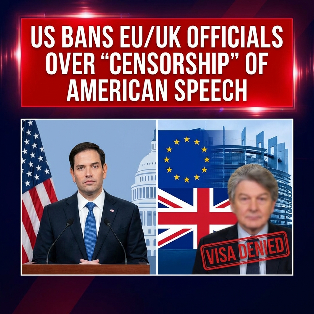 <p>Secretary of State Marco Rubio announced a new U.S. visa policy banning EU and British officials accused of complicit censorship of American speech from entering the United States. (<a href="https://www.aljazeera.com/news/2025/5/28/us-to-penalise-foreign-officials-who-censor-us-companies-citizens?utm_source=openai">aljazeera.com</a>) The administration identified five Europeans — including former EU commissioner Thierry Breton and leaders of CCDH, HateAid and the Global Disinformation Index — as barred under the policy. (<a href="https://apnews.com/article/87c8a4692f3184e4f83fdd8ed5093886?utm_source=openai">apnews.com</a>) Rubio said foreign demands that U.S. tech platforms adopt global moderation or threats to arrest residents for platform posts are unacceptable and violate U.S. sovereignty. (<a href="https://www.theguardian.com/us-news/2025/may/28/us-refuse-visas-foreign-officials-social-media?utm_source=openai">theguardian.com</a>) European leaders condemned the move as hostile to allies and defended new rules such as the Digital Services Act. (<a href="https://www.washingtonpost.com/business/2025/12/24/europe-breton-tech-visa-ban-censorship-rubio/5f395188-e0bf-11f0-9a80-62add4d0e8ef_story.html?utm_source=openai">washingtonpost.com</a>)</p>