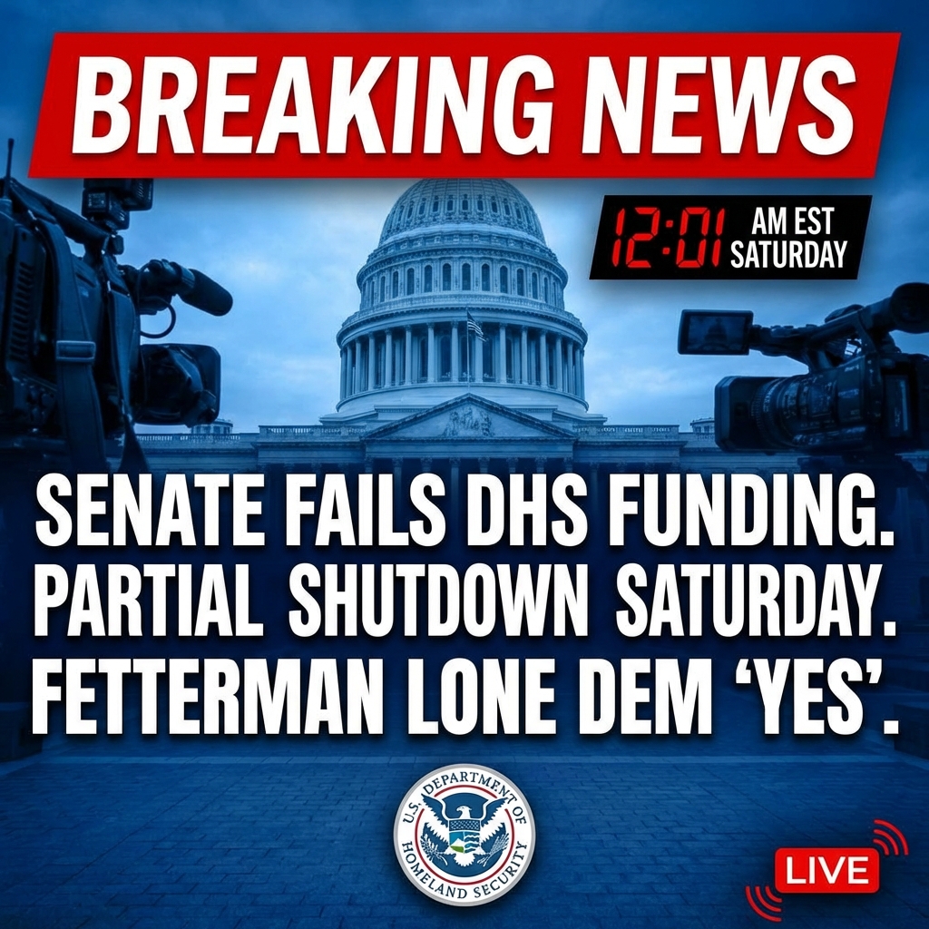 <p>On February 12, 2026, the U.S. Senate failed to advance a Department of Homeland Security funding bill, falling short of the 60‑vote threshold and ensuring a partial DHS shutdown when funding lapses at 12:01 a.m. Eastern on Saturday. (<a href="https://www.washingtonpost.com/politics/2026/02/12/congress-homeland-security-shutdown/">washingtonpost.com</a>) Every Senate Democrat except John Fetterman opposed the measure; Fetterman was the lone Democrat to vote in favor. (<a href="https://www.washingtonpost.com/politics/2026/02/12/congress-homeland-security-shutdown/">washingtonpost.com</a>) ICE and Customs and Border Protection are expected to continue operating because they received about $75 billion in prior funding, but agencies such as TSA, FEMA and the Coast Guard will face furloughs or unpaid work if the lapse continues. (<a href="https://time.com/7378267/government-shutdown-ice-congress-homeland-security/">time.com</a>) Negotiations remain ongoing today.</p>