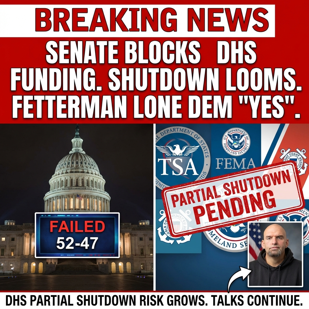 <p>Senators failed 52-47 to advance a bill to keep the Department of Homeland Security funded, teeing up a partial DHS shutdown by the end of the week unless negotiators strike a deal. (<a href="https://www.cbsnews.com/news/homeland-security-funding-immigration-reforms-senate-democrats-vote/?utm_source=openai">cbsnews.com</a>) Pennsylvania Democrat John Fetterman was the lone Senate Democrat to vote to advance the measure. (<a href="https://www.yahoo.com/news/articles/fetterman-only-senate-democrat-vote-201945960.html?utm_source=openai">yahoo.com</a>) The lapse would not affect ICE and CBP operations, which were already funded from prior legislation, but would disrupt agencies such as TSA, FEMA, the Coast Guard and cyber‑security programs, forcing many workers to operate without pay until funding is restored. (<a href="https://www.theguardian.com/us-news/2026/feb/12/dhs-funding-blocked-senate-democrats?utm_source=openai">theguardian.com</a>) Lawmakers remain deadlocked over immigration‑enforcement reforms and talks continue around the clock. (<a href="https://www.washingtonpost.com/politics/2026/01/25/senate-democrats-homeland-security-funding-government-shutdown/f9b7cd30-fa13-11f0-954b-b80c7ed67fc7_story.html/?utm_source=openai">washingtonpost.com</a>)</p>