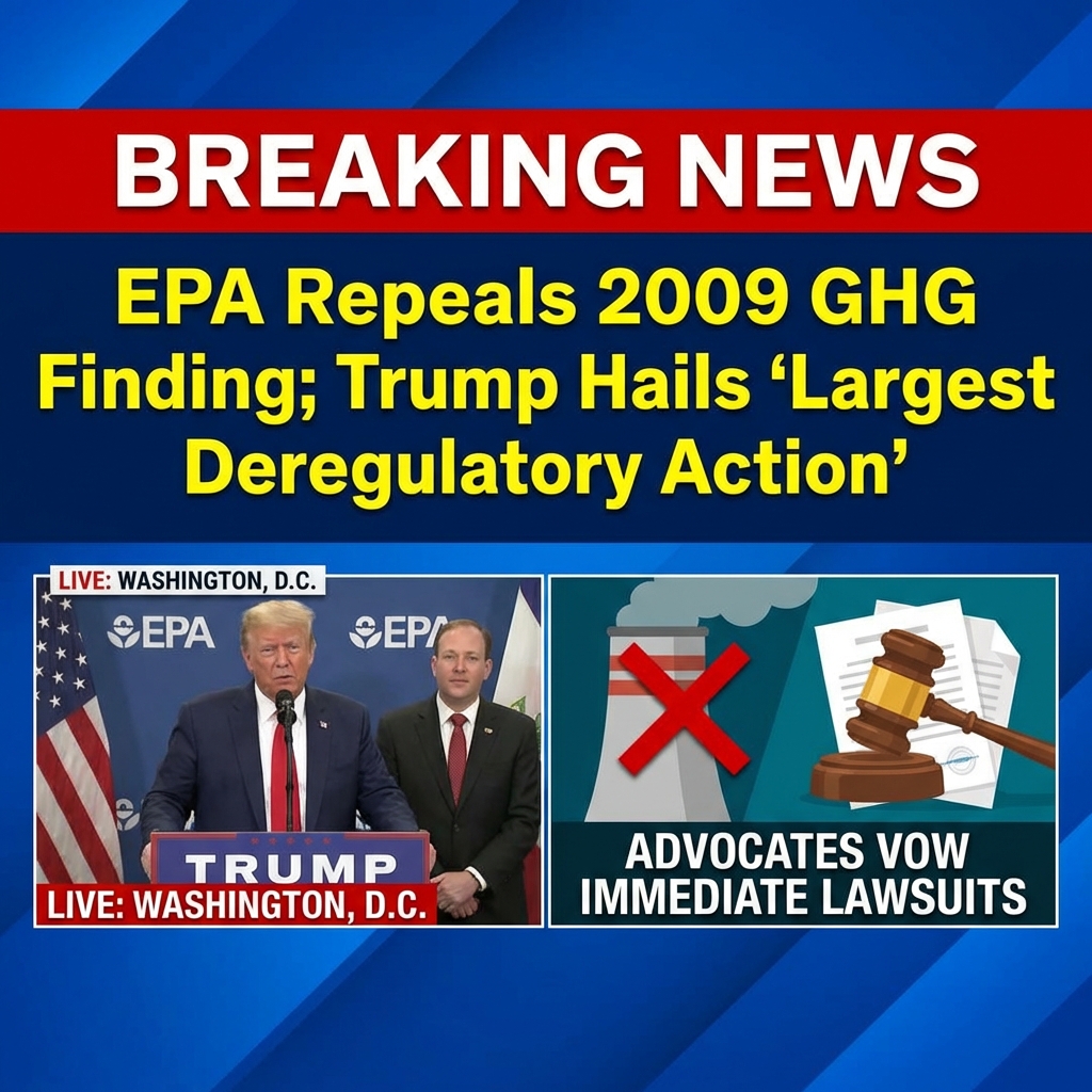 <p>On February 12, 2026, President Trump announced the EPA’s repeal of the agency’s 2009 greenhouse gas endangerment finding, calling it “the single largest deregulatory action in American history.” (<a href="https://www.epa.gov/newsreleases/president-trump-and-administrator-zeldin-deliver-single-largest-deregulatory-action-us?utm_source=openai">epa.gov</a>) EPA Administrator Lee Zeldin joined him as the final rule rescinded the legal basis for federal greenhouse gas vehicle standards and eliminated related emissions requirements; the agency said the rollback will save Americans about $1.3 trillion. (<a href="https://www.epa.gov/regulations-emissions-vehicles-and-engines/final-rule-rescission-greenhouse-gas-endangerment?utm_source=openai">epa.gov</a>) Environmental and public‑health experts condemned the move, warning it will increase pollution, worsen climate impacts, and harm vulnerable communities. (<a href="https://apnews.com/article/c149d5ea6ec71c862e6c4b578adf92cd?utm_source=openai">apnews.com</a>) Advocates said they will sue immediately and seek injunctions nationwide today. (<a href="https://apnews.com/article/c149d5ea6ec71c862e6c4b578adf92cd?utm_source=openai">apnews.com</a>)</p>