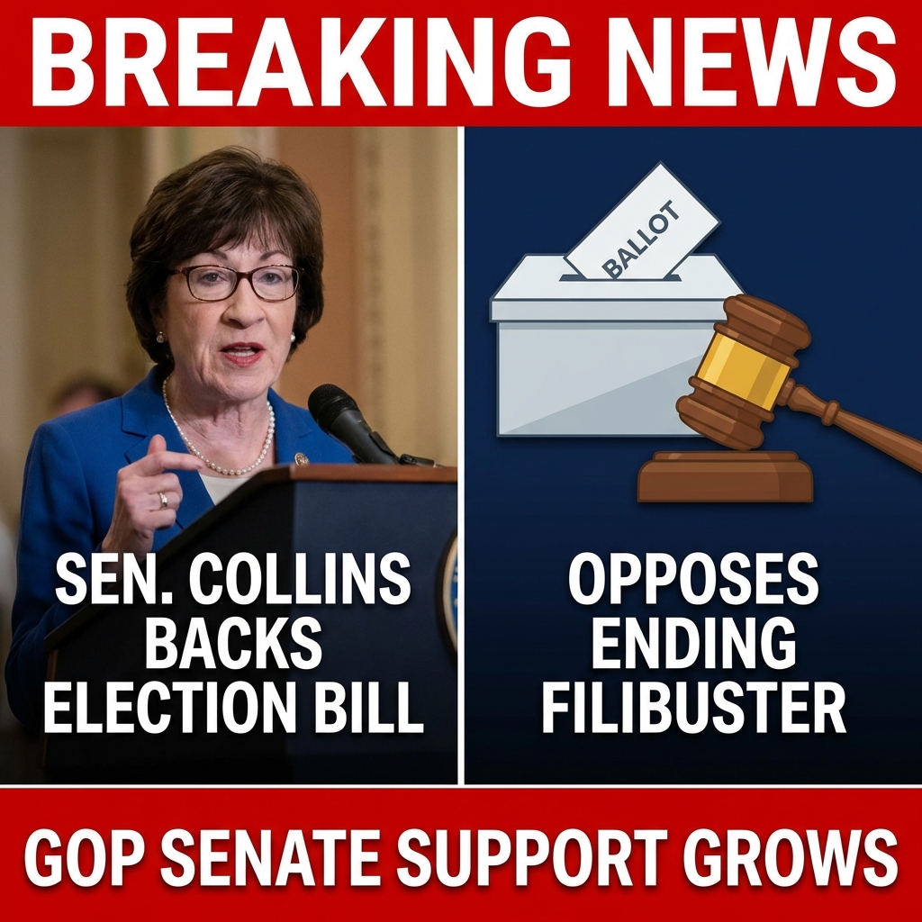 <p>Sen. Susan Collins (R‑Maine) announced she supports the House‑passed SAVE America Act, saying revisions balance election security and access while she still opposes eliminating the Senate filibuster. The House approved the bill 218–213. The measure would require proof of citizenship to register for federal elections, mandate photo ID for in‑person voting, and tighten mail‑in rules. Republican leaders say Collins’ backing brings GOP support to roughly 50 senators and argue that with Vice President J.D. Vance as tiebreaker the bill could pass under a standing filibuster. Voting‑rights groups condemn the legislation as voter suppression. Civil‑rights organizations vow legal fights and protests. (<a href="https://www.newsweek.com/susan-collins-save-act-filibuster-11523411">newsweek.com</a>)</p>