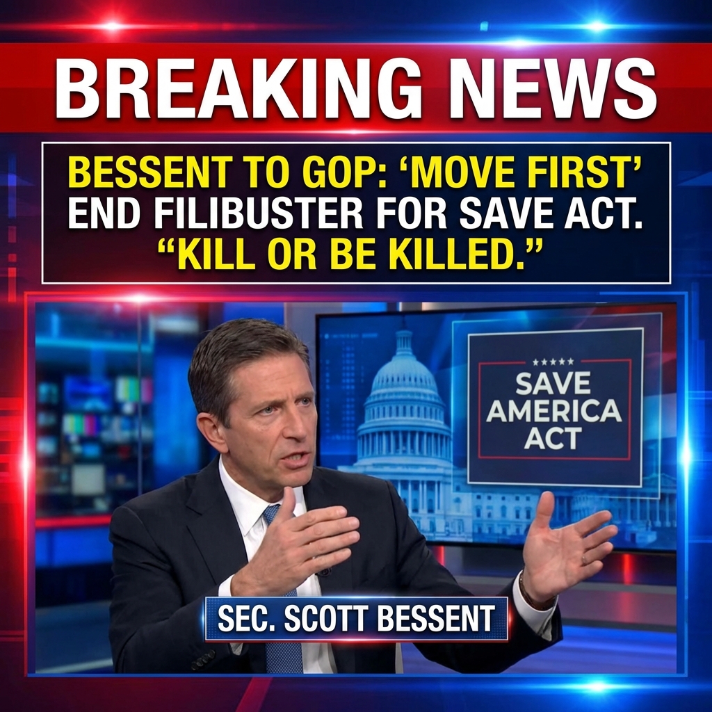 <p>Secretary Scott Bessent urged Senate Republicans to drop the 60 vote filibuster to pass the SAVE America Act, calling the standoff a “prisoner’s dilemma” and saying when the other side won’t play fair you must “move first.” He warned it is “kill or be killed,” urged selective elimination of the filibuster for priority items like voter integrity and to prevent a government shutdown, and outlined a plan for Republicans to act preemptively rather than wait for Democratic obstruction. The comments, shared widely on social media and in interviews, raise pressure on GOP leaders weighing rule changes to advance the bill. (<a href="https://twstalker.com/InsanityCrushr1/status/2022300599165865991?utm_source=openai">twstalker.com</a>)</p>