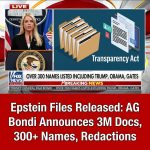 <p>Attorney General Pam Bondi announced that the Department of Justice has released all Jeffrey Epstein records under the Epstein Files Transparency Act, sending a six‑page letter to Congress outlining release and redaction process. (<a href="https://www.foxnews.com/us/ag-pam-bondi-announces-all-epstein-files-released-listing-high-profile-names?utm_source=openai">foxnews.com</a>) The DOJ said it released more than three million documents and defended extensive redactions—made after consultation with victims and counsel—to protect victim identities and active probes, saying nothing was withheld for “embarrassment, reputational harm, or political sensitivity.” (<a href="https://www.cbsnews.com/live-updates/epstein-files-released-doj-2026/?utm_source=openai">cbsnews.com</a>) Bondi also provided a list of over 300 names appearing in the files (including Donald Trump, Barack Obama and Bill Gates). Lawmakers criticized the breadth and context of the list. (<a href="https://www.thedailybeast.com/pam-bondi-desperately-tries-to-bury-jeffrey-epstein-files-for-goodagain/?utm_source=openai">thedailybeast.com</a>)</p>