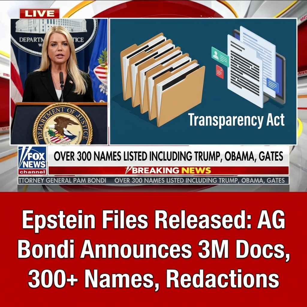 <p>Attorney General Pam Bondi announced that the Department of Justice has released all Jeffrey Epstein records under the Epstein Files Transparency Act, sending a six‑page letter to Congress outlining release and redaction process. (<a href="https://www.foxnews.com/us/ag-pam-bondi-announces-all-epstein-files-released-listing-high-profile-names?utm_source=openai">foxnews.com</a>) The DOJ said it released more than three million documents and defended extensive redactions—made after consultation with victims and counsel—to protect victim identities and active probes, saying nothing was withheld for “embarrassment, reputational harm, or political sensitivity.” (<a href="https://www.cbsnews.com/live-updates/epstein-files-released-doj-2026/?utm_source=openai">cbsnews.com</a>) Bondi also provided a list of over 300 names appearing in the files (including Donald Trump, Barack Obama and Bill Gates). Lawmakers criticized the breadth and context of the list. (<a href="https://www.thedailybeast.com/pam-bondi-desperately-tries-to-bury-jeffrey-epstein-files-for-goodagain/?utm_source=openai">thedailybeast.com</a>)</p>