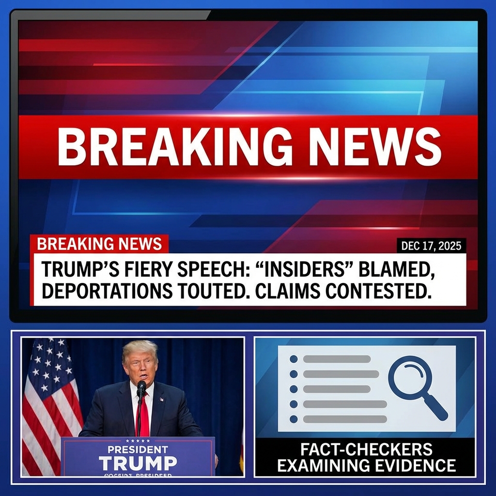 <p>On December 17, 2025, President Trump delivered a prime-time address charging the previous four years of government with serving “insiders, illegal aliens, career criminals, corporate lobbyists, prisoners, terrorists, and above all foreign nations,” and blaming them for crime, inflation and cultural decline. (<a href="https://archive.ph/2025.12.18-152240/https%3A/www.nytimes.com/2025/12/17/us/politics/trump-speech-transcript-economy.html?utm_source=openai">archive.ph</a>) He touted border crackdowns and mass deportations, claimed dramatic drops in drug flows, announced a $1,776 “Warrior Dividend” for service members, and asserted his administration had restored American strength abroad after settling conflicts. (<a href="https://archive.ph/2025.12.18-152240/https%3A/www.nytimes.com/2025/12/17/us/politics/trump-speech-transcript-economy.html?utm_source=openai">archive.ph</a>) Media outlets quoted his full remarks and noted contentious, contested factual claims; fact‑checkers are examining the administration’s evidence and sources. (<a href="https://www.independent.co.uk/news/world/americas/us-politics/trump-address-nation-speech-economy-biden-b2886685.html/?utm_source=openai">independent.co.uk</a>)</p>
