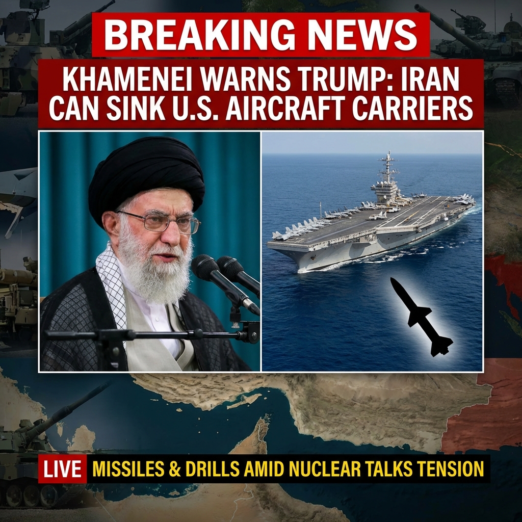 <p>Iran’s Supreme Leader Ayatollah Ali Khamenei warned President Trump that while an aircraft carrier is a dangerous tool, “more dangerous than the aircraft carrier is the weapon that can send this warship to the bottom of the sea.” (<a href="https://www.aa.com.tr/en/middle-east/iran-s-khamenei-says-us-warships-could-be-sunk-as-nuclear-talks-resume-in-geneva/3832352?utm_source=openai">aa.com.tr</a>) He made the threat on February 17 addressing supporters in East Azerbaijan province as indirect nuclear talks between Tehran and Washington resumed in Geneva. (<a href="https://www.presstv.ir/Detail/2026/02/17/764232/Warships-can-be-sent-to-seabed-warns-Leader-US?utm_source=openai">presstv.ir</a>) The comments came amid an expanded U.S. naval presence, including the USS Abraham Lincoln and reports the USS Gerald R. Ford could deploy, (<a href="https://www.washingtonpost.com/world/2026/02/17/iran-us-nuclear-talks-iaea/1e3774ec-0bbe-11f1-8e91-6e1451aab67e_story.html?utm_source=openai">washingtonpost.com</a>) and after Iran launched live missiles and briefly closed the Strait of Hormuz for drills. (<a href="https://apnews.com/article/dbed41b78ce2ddabc8a04349e72abeba?utm_source=openai">apnews.com</a>)</p>
