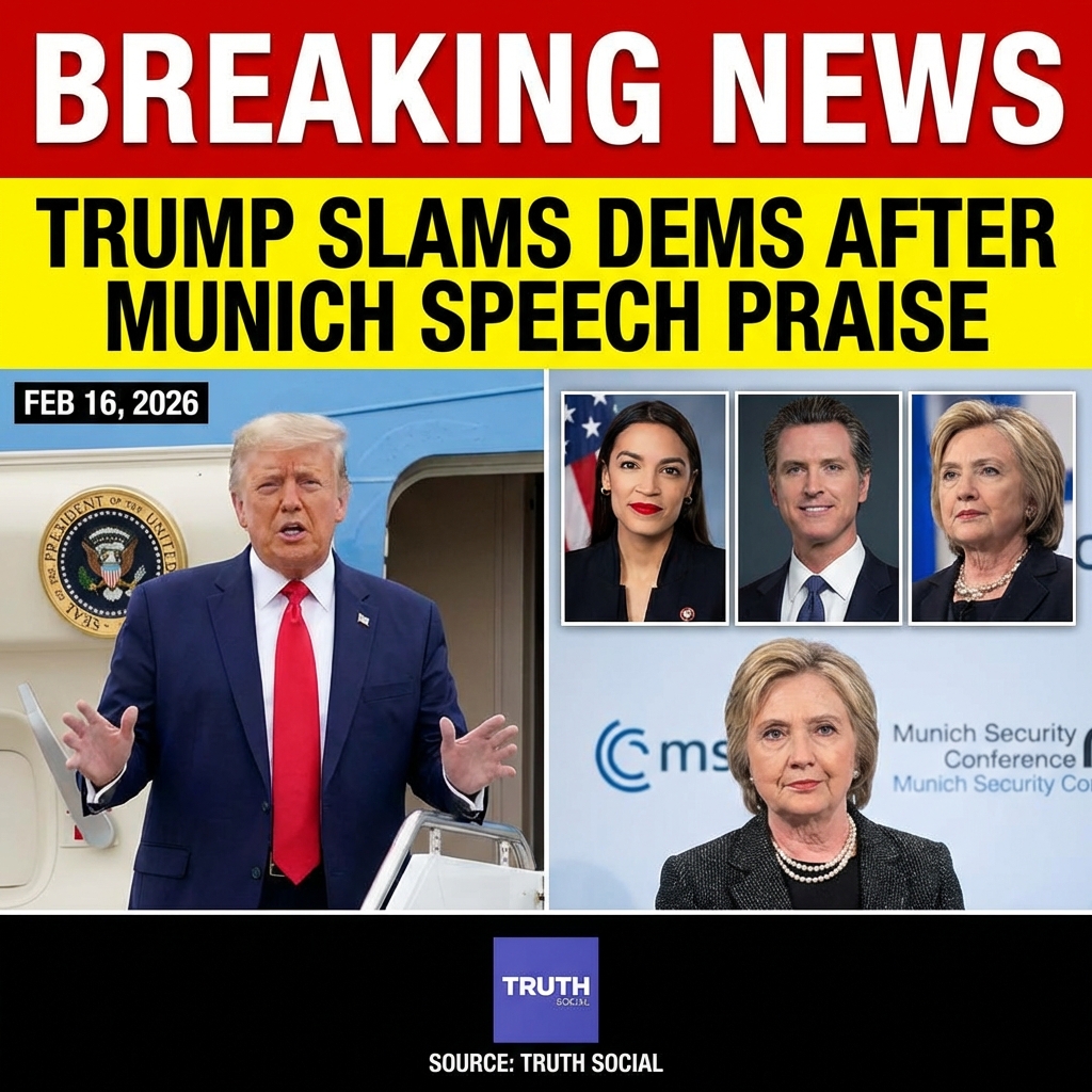 <p>On February 16, 2026 President Trump praised Secretary of State Marco Rubio’s Munich speech, writing “Marco was fantastic in Munich!” on Truth Social. (<a href="https://trumpstruth.org/statuses/36716?utm_source=openai">trumpstruth.org</a>) He condemned Rep. Alexandria Ocasio Cortez, Gov. Gavin Newsom and Hillary Clinton as an “embarrassment,” “incompetent” and “Trump deranged,” saying they “made fools of themselves” and were “really bad representatives” of the United States, and reiterated the remarks during a press gaggle aboard Air Force One. (<a href="https://malaysia.news.yahoo.com/trump-79-rages-rivals-being-093640581.html?utm_source=openai">malaysia.news.yahoo.com</a>) The comments followed Democratic criticism of his foreign policy at the Munich Security Conference and prompted responses from aides and European officials. (<a href="https://www.theguardian.com/us-news/live/2026/feb/17/hillary-clinton-trump-epstein-iran-vance-latest-news-updates?filterKeyEvents=false&page=with%3Ablock-699448018f08c76e6f3d29d9&utm_source=openai">theguardian.com</a>) The post and press gaggle were widely reported elsewhere. (<a href="https://www.thedailybeast.com/trump-79-rages-at-rivals-gavin-newsom-and-alexandria-ocasio-cortez-being-mean-about-him-in-munich/?utm_source=openai">thedailybeast.com</a>)</p>
