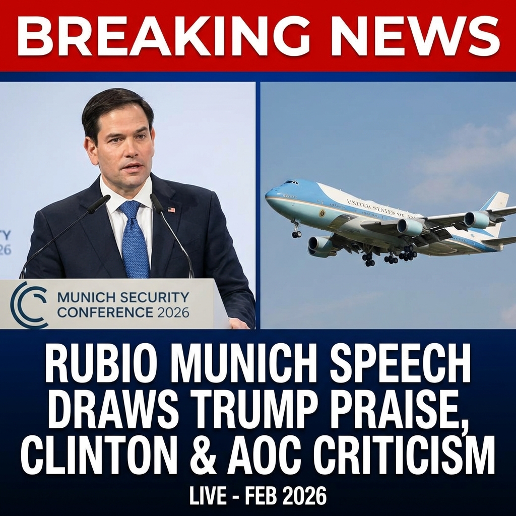 <p>At the Munich Security Conference (Feb 13–15, 2026), Secretary of State Marco Rubio delivered a forceful address defending Western heritage, urging renewed transatlantic leadership and drawing a strong response from the podium. From Air Force One, former President Trump praised Rubio’s performance and criticized Rep. Alexandria Ocasio-Cortez, Gov. Gavin Newsom, and Hillary Clinton for what he called embarrassing or incompetent appearances abroad. Critics at the conference challenged Democratic remarks on foreign policy and accused some U.S. figures of undermining American standing. The exchanges underscored widening partisan divides as U.S. officials and politicians debated strategy and messaging on the global stage. (<a href="https://www.americanrhetoric.com/speeches/marcorubiomunichsecurityconference2026.htm?utm_source=openai">americanrhetoric.com</a>)</p>