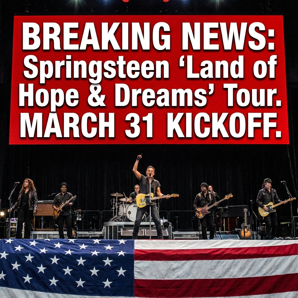 <p>Bruce Springsteen and the E Street Band announced a surprise, politically charged Land of Hope and Dreams American tour, saying they’ll “rock your town in celebration and in defense of America” as democracy faces threats from “our wannabe king” and his “rogue government.” The 20‑date run begins March 31 in Minneapolis and concludes May 27 at Nationals Park in Washington, D.C. Springsteen tied the announcement to his recent protest song “Streets of Minneapolis,” urged unity under a “United Free Republic of E Street Nation,” and posted a video to social media. Tickets go on sale February 20–21. Get ready now. (<a href="https://people.com/bruce-springsteen-e-street-band-announce-land-of-hope-and-dreams-tour-11908254?utm_source=openai">people.com</a>)</p>