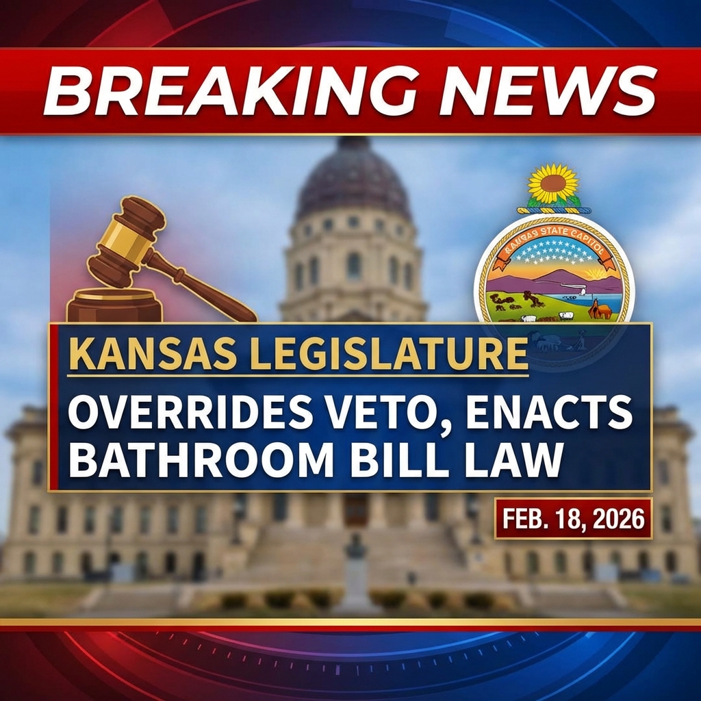 <p>On Feb. 17–18, 2026 the Republican-controlled Kansas Legislature overrode Democratic Gov. Laura Kelly’s veto to enact House Substitute for Senate Bill 244. (<a href="https://www.kslegislature.gov/li/b2025_26/measures/vote_view/je_20260217132754_470460/">kslegislature.gov</a>) The law requires people in government buildings, schools and universities to use single-sex multiple-occupancy spaces matching their sex assigned at birth, defines “gender” as biological sex at birth, directs agencies to invalidate and reissue driver’s licenses and birth certificates to reflect birth sex, and allows civil suits. (<a href="https://www.kslegislature.gov/li/b2025_26/measures/vote_view/je_20260217132754_470460/">kslegislature.gov</a>) The Senate overrode the veto 31–9, (<a href="https://www.kslegislature.gov/li/b2025_26/measures/vote_view/je_20260217132754_470460/">kslegislature.gov</a>) and the House followed (about 87–37) to make the measure law despite Kelly’s veto, which she publicly called “poorly drafted” and warned of unintended consequences. (<a href="https://www.kmbc.com/article/kansas-legislature-overrides-kelly-veto-bathroom-bill/70409630?utm_source=openai">kmbc.com</a>)</p>