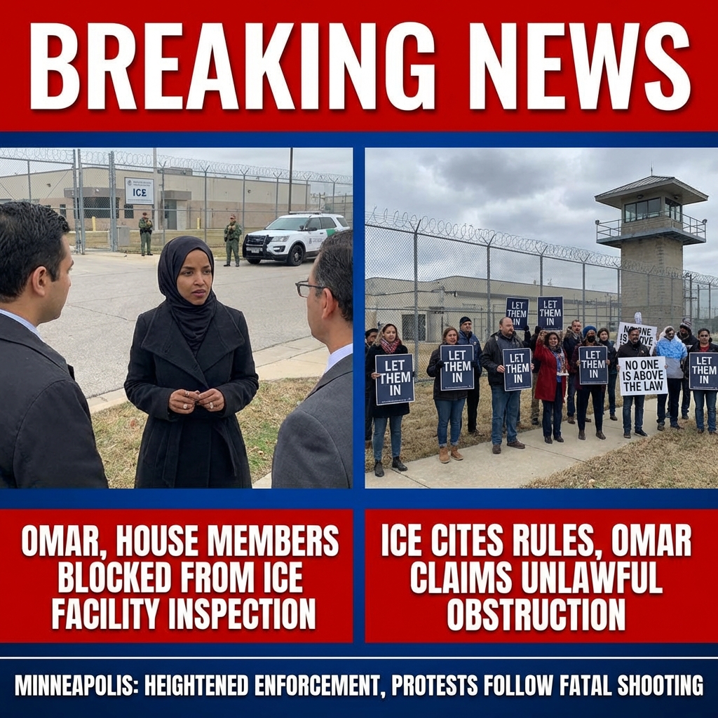 <p>Rep. Ilhan Omar and two House members attempted to inspect a local ICE facility in Minneapolis; they say they were allowed in briefly and then told to leave, a move Omar called unlawful obstruction of congressional oversight. (<a href="https://www.theguardian.com/us-news/2026/jan/10/ilhan-omar-house-members-ice-facility-minnesota?utm_source=openai">theguardian.com</a>) ICE officials said visits must follow existing notice rules and cited funding sources to justify restricting access. (<a href="https://www.foxnews.com/politics/ilhan-omar-kicked-out-ice-facility-after-dhs-requires-weeks-advance-notice/?utm_source=openai">foxnews.com</a>) Omar said she observed planes departing and was told those flights were transfers to other U.S. facilities, not deportations. (<a href="https://www.theguardian.com/us-news/2026/jan/10/ilhan-omar-house-members-ice-facility-minnesota?utm_source=openai">theguardian.com</a>) The visit occurred amid heightened federal enforcement in Minnesota after the deployment of thousands of agents and the fatal shooting of Renee Good, which intensified local protests. (<a href="https://www.theguardian.com/us-news/2026/jan/17/minneapolis-twin-cities-ice-dispatch?utm_source=openai">theguardian.com</a>)</p>