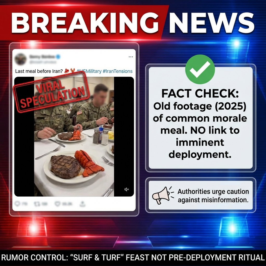 <p>An X post showing U.S. troops served menus of steak, pie, crab legs and lobster sparked viral speculation on February 21, 2026, that the lavish “surf and turf” might signal imminent deployment amid rising U.S.–Iran tensions. Social-media users called it a possible “last meal” while others reposted a short clip of soldiers dining in a DFAC. Journalists traced the footage to earlier posts (February–June 2025) and note such meals commonly mark birthdays or morale boosts, not official pre-deployment rituals. Military and fact-checkers caution there is no verified link between these meals and an imminent combat deployment. Authorities urge public caution. (<a href="https://english.bombaysamachar.com/international/last-meal-before-iran-strike-us-troops-steak-and-lobster-feast-sparks-speculation-amid-trump-khamenei-tensions/?amp=1&utm_source=openai">english.bombaysamachar.com</a>)</p>