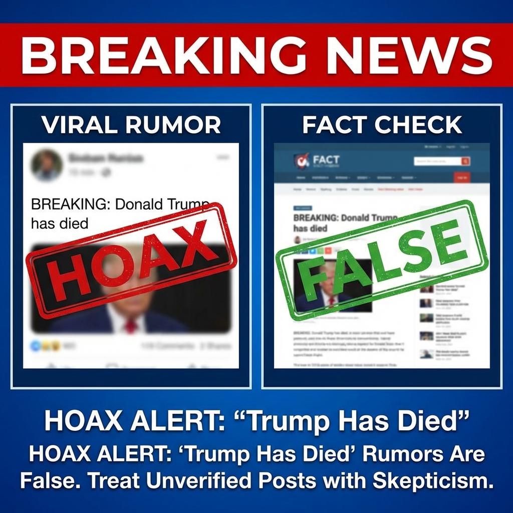<p>Viral posts claiming “BREAKING: Donald Trump has died” spread across social platforms, driven by a doctored news screenshot and memorial pages. Major outlets and the White House did not confirm any death, and fact‑checkers quickly labelled the reports a hoax. (<a href="https://www.snopes.com/fact-check/trump-death-hoax/?utm_source=openai">snopes.com</a>) The rumor echoed earlier false death scares about Trump. (<a href="https://www.aljazeera.com/amp/news/2025/9/3/how-false-rumours-of-trumps-untimely-death-spread-on-social-media?utm_source=openai">aljazeera.com</a>) Reuters and other outlets showed the president active on February 22, 2026, announcing policy moves. (<a href="https://www.gmanetwork.com/news/money/economy/977417/trump-says-he-will-raise-us-global-tariff-rate-from-10-to-15/story/?utm_source=openai">gmanetwork.com</a>) In short, the widely shared “Trump has died” item is unverified misinformation — treat it skeptically and avoid sharing unverified posts publicly.</p>