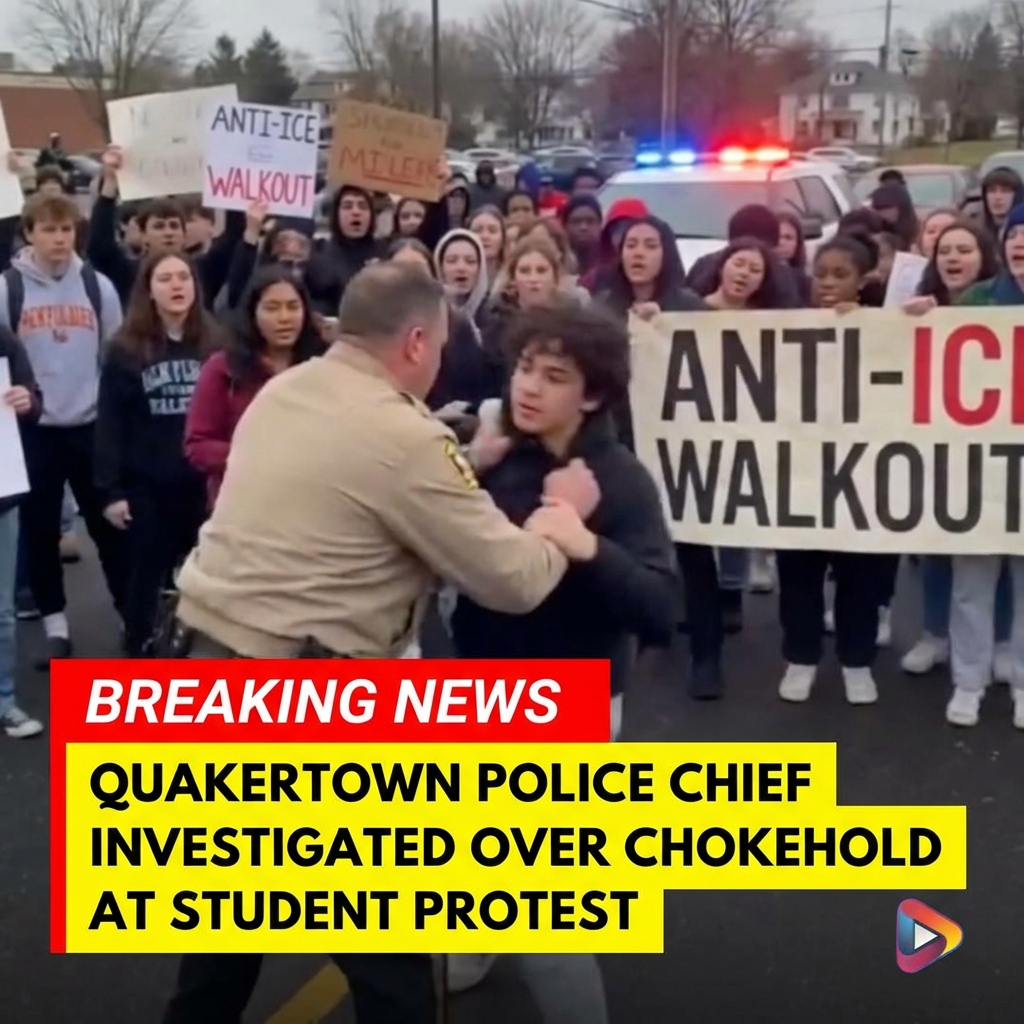<p>Quakertown, Pennsylvania Police Chief Scott McElree was seen on video placing a teenage girl in a chokehold while in plainclothes during a student-led anti‑ICE walkout. (<a href="https://whyy.org/articles/bucks-county-district-attorney-investigation-quakertown-police-student-ice-protest/?utm_source=openai">whyy.org</a>) Videos and photos shared with local reporters show a man in a light‑brown jacket grabbing a student as other teens rush in; witnesses say the man later spoke with officers and left in an unmarked white vehicle with flashing lights. (<a href="https://www.hindustantimes.com/world-news/us-news/who-is-scott-mcelree-quakertown-chief-of-police-faces-resignation-calls-after-photo-of-chokehold-on-student-goes-viral-101771715066211.html?utm_source=openai">hindustantimes.com</a>) About 35 students marched; five or six juveniles and one adult were arrested. (<a href="https://6abc.com/post/student-walkout-quakertown-pa-ends-arrests-confrontation-police/18626651/?utm_source=openai">6abc.com</a>) The Bucks County district attorney has opened an investigation, and the Quakertown police have not yet commented. (<a href="https://whyy.org/articles/bucks-county-district-attorney-investigation-quakertown-police-student-ice-protest/?utm_source=openai">whyy.org</a>) Community members demanded answers.</p>