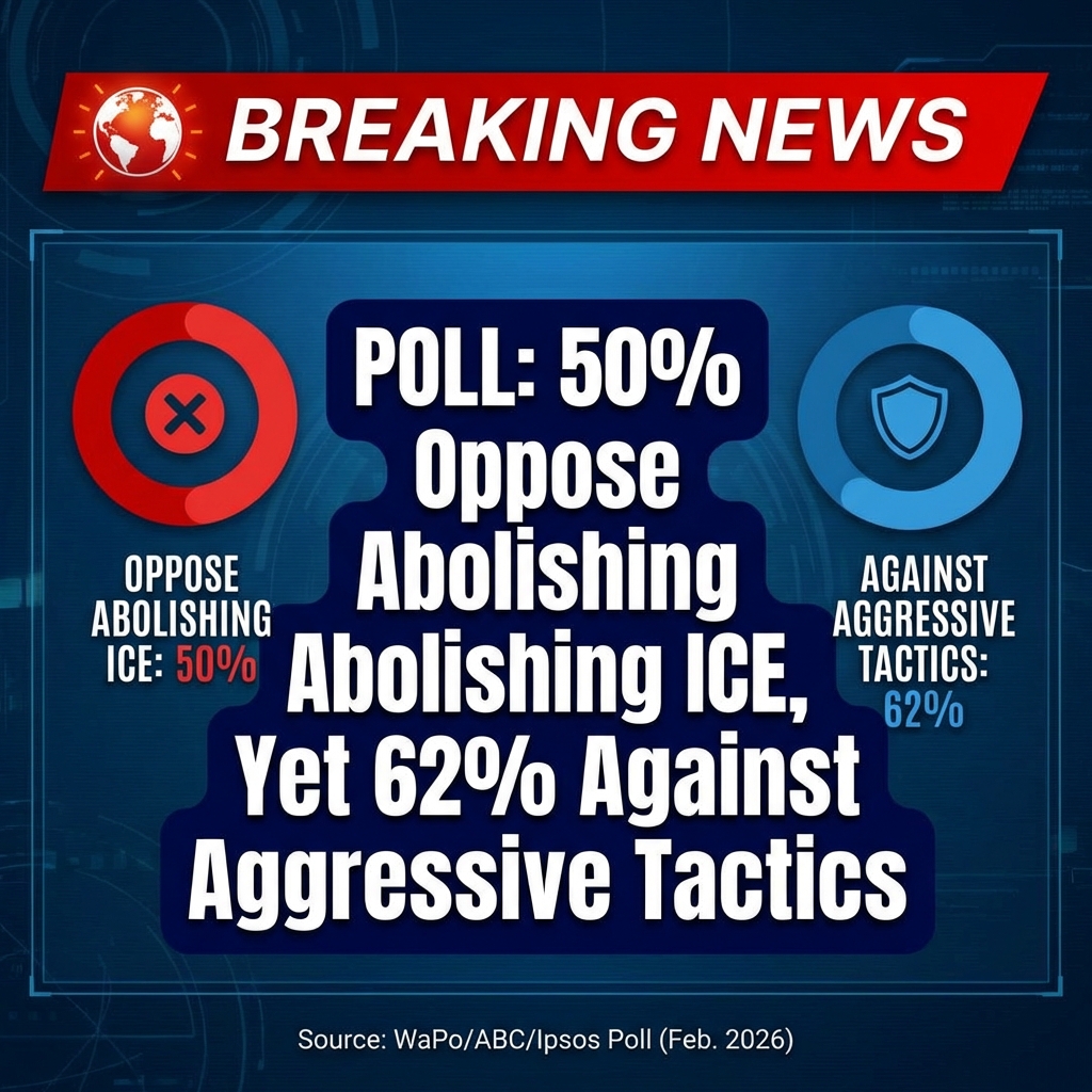 <p>A Washington Post–ABC News–Ipsos poll (Feb. 12–17, 2026; n=2,589; ±2%) finds Americans oppose abolishing ICE by 13 points, 50% to 37%. The survey also shows broad anger after two deadly Minneapolis shootings, with 62% opposing aggressive ICE tactics and 53% opposing expanded operations. (<a href="https://www.washingtonpost.com/immigration/2026/02/20/trump-immigration-poll-ice/">washingtonpost.com</a>) The results reveal sharp partisan splits—about seven in ten Democrats favor abolition while roughly eight in ten Republicans oppose it—prompting Democrats to express frustration as they weigh political strategy. (<a href="https://www.wsjm.com/2026/02/20/americans-oppose-the-tactics-ice-is-using-to-enforce-immigration-laws-by-21-margin-poll/">wsjm.com</a>) The poll underscores a public that distrusts enforcement methods even as many still back deportations and could shape midterm messaging for both parties nationally.</p>