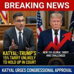 <p>Neal Katyal, who won a Supreme Court decision striking down President Trump’s prior unilateral tariffs, said Trump’s newly announced 15% global tariff increase is unlikely to hold up in court. Katyal noted the administration’s Justice Department previously told justices that Section 122 of the Trade Act — which Trump cited after the court rebuked his IEEPA strategy — does not obviously apply to deficits-based tariffs, and he urged the president to seek congressional approval instead. Trump announced the 15% hike Feb. 21 and reacted angrily to the court’s ruling, deepening the legal and political fight over presidential trade powers now. (<a href="https://www.businesstoday.in/amp/latest/economy/story/seems-hard-to-rely-on-top-lawyer-behind-sc-blow-questions-trumps-15-tariff-authority-again-517418-2026-02-22/?utm_source=openai">businesstoday.in</a>)</p>