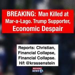 A man was shot and killed while attempting to enter Mar‑a‑Lago carrying a shotgun. Reports describe him as white, Christian, a Trump supporter — not trans, not a Democrat, and not an immigrant. Accounts say he believed in Trump and became desperate after economic hardship that left him crushed. The narrative emphasizes his political and cultural identity alongside financial despair as central to understanding the incident. The framing rejects common stereotypes about attackers’ backgrounds and urges seeing economic collapse and political allegiance as key factors. H/t @krassenstein for the initial reporting and image link. Further official details remain under investigation.