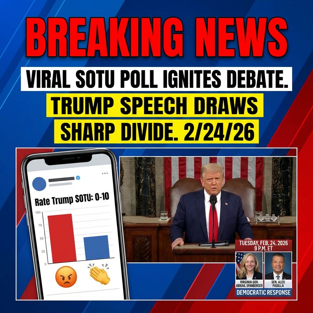 <p>Breaking: a social-media post asked followers to rate President Trump’s State of the Union on a scale of 0–10, igniting online debate as the address aired Tuesday, February 24, 2026, at 9 p.m. ET. Trump used the speech to tout economic and security gains and outline legislative priorities; critics called it misleading. Dozens of House and Senate Democrats planned boycotts or counterprogramming, while Virginia Gov. Abigail Spanberger and Sen. Alex Padilla delivered English- and Spanish‑language Democratic responses. Polling and coverage showed a sharply divided public reacting along partisan lines. The quick viral poll became a focal point for viewers’ reactions. (<a href="https://twstalker.com/emario99/status/2026635463755251776?utm_source=openai">twstalker.com</a>)</p>