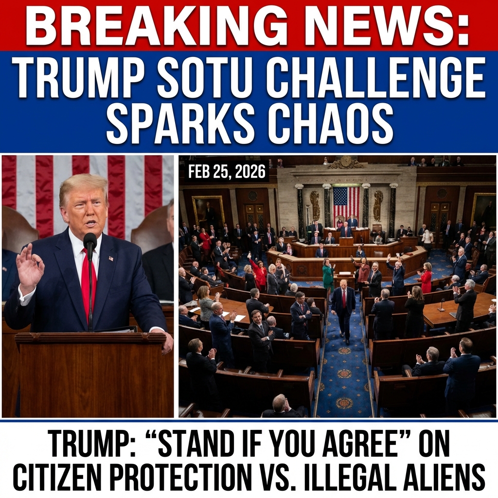 <p>On February 25, 2026, during his State of the Union address, President Donald Trump challenged lawmakers to “stand if you agree” with his assertion that “the first duty of the American government is to protect American citizens, not illegal aliens.” He used the moment to press for tougher immigration enforcement and criticized Democrats who largely declined to rise. The speech — record‑length and sharply partisan — prompted protests and walkouts on the floor, drew fierce Democratic denunciations, and drew defenses from White House aides who accused opponents of dishonoring victims and enabling lawlessness. The moment intensified partisan divisions nationwide politically. (<a href="https://transcripts.cnn.com/show/cnr/date/2026-02-25/segment/20?utm_source=openai">transcripts.cnn.com</a>)</p>
