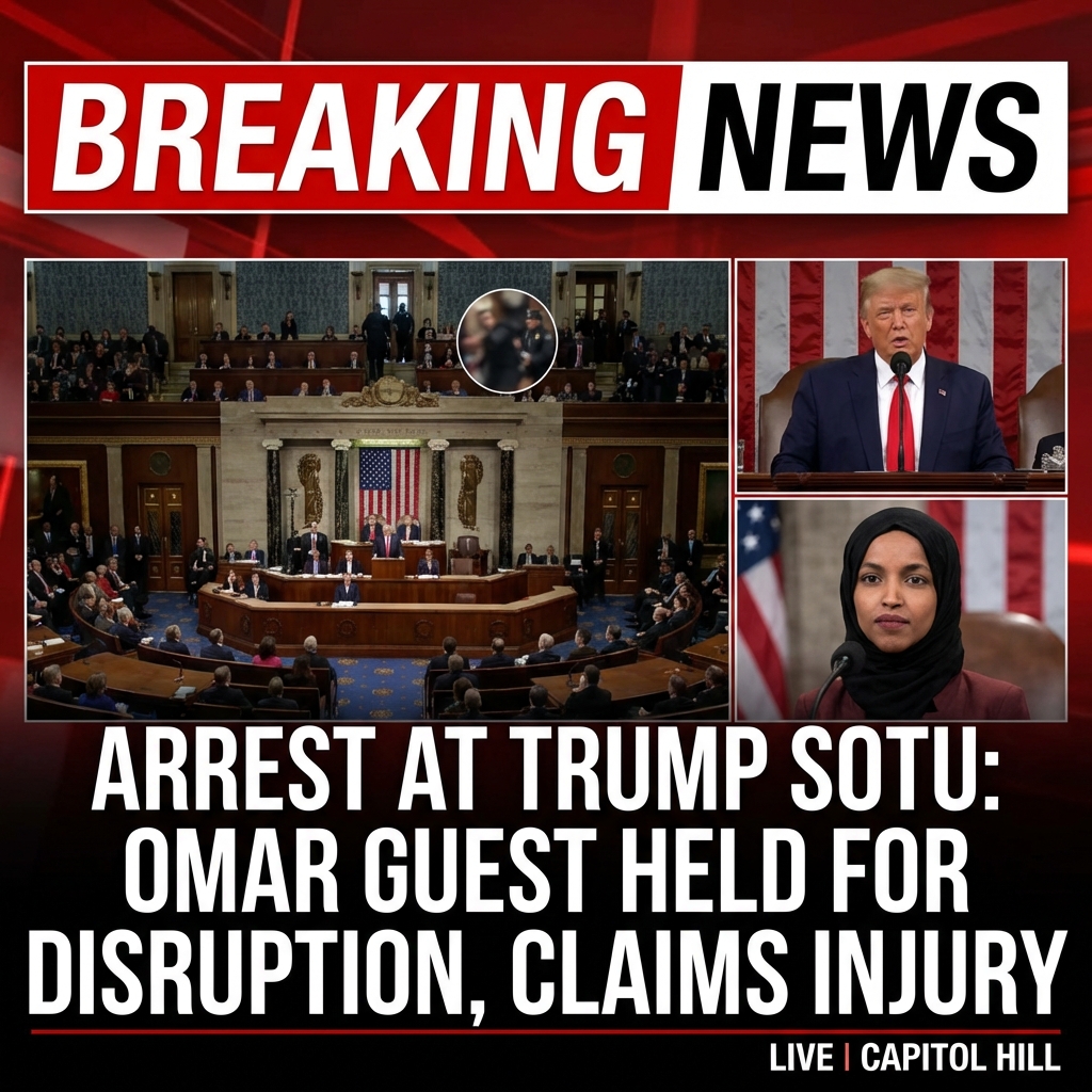 <p>On Feb. 24, 2026, U.S. Capitol Police arrested Aliya Rahman, a guest of Rep. Ilhan Omar, after officers say she refused orders to sit and disrupted the House gallery during President Trump’s State of the Union address. Rahman — who says she stood silently in protest of Trump’s remarks about Minnesota’s Somali community — was escorted out, treated at George Washington University Hospital for shoulder injuries, booked on unlawful-conduct charges and later released. Omar called for an investigation, noting Rahman had been forcibly removed by federal immigration agents in Minneapolis in January and suffered injuries during that encounter. Police cited demonstration rules. (<a href="https://time.com/7381328/ilhan-omar-trump-state-of-the-union-aliya-rahman-arrest/?utm_source=openai">time.com</a>)</p>