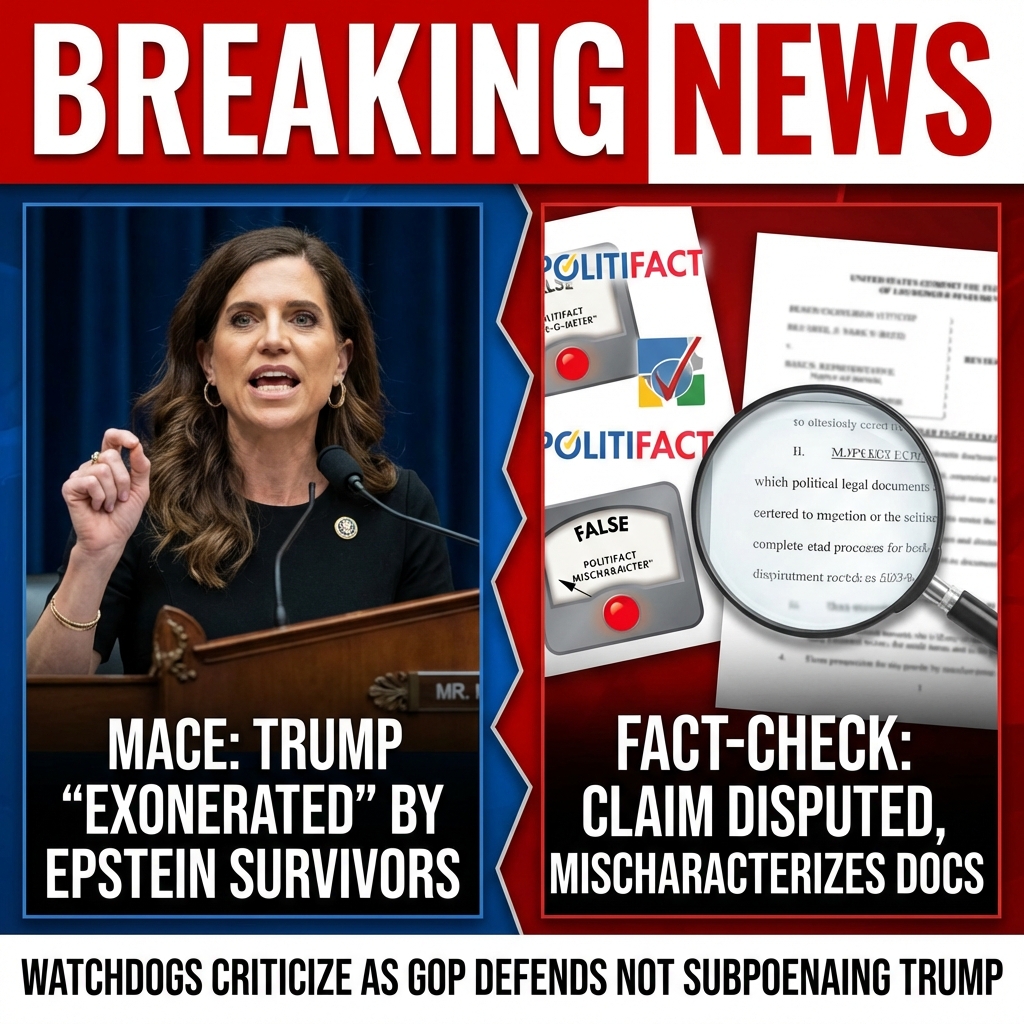 <p>Republican Rep. Nancy Mace asserted that Jeffrey Epstein’s survivors have “exonerated” President Trump, saying “He’s been exonerated over and over again,” as GOP members defended not subpoenaing Trump in the House probe. (<a href="https://www.aol.com/articles/house-oversight-republicans-explain-why-003923567.html?utm_source=openai">aol.com</a>) Reporters pressed Mace, who repeated survivors told her he was exonerated; others said survivors asked only that Trump be questioned. (<a href="https://www.aol.com/articles/house-oversight-republicans-explain-why-003923567.html?utm_source=openai">aol.com</a>) Fact-checkers warn released Epstein materials do not legally exonerate Trump and that calling him “exonerated” mischaracterizes the documents and testimony. (<a href="https://www.politifact.com/article/2024/jan/11/trump-exonerated-by-epstein-docs-heres-what-they-d/?utm_source=openai">politifact.com</a>) Trump denies wrongdoing and has not been charged in the Epstein matter. (<a href="https://www.aol.com/articles/house-oversight-republicans-explain-why-003923567.html?utm_source=openai">aol.com</a>) The claim remains disputed and criticized across media and watchdogs, and legal experts call for clarity.</p>
